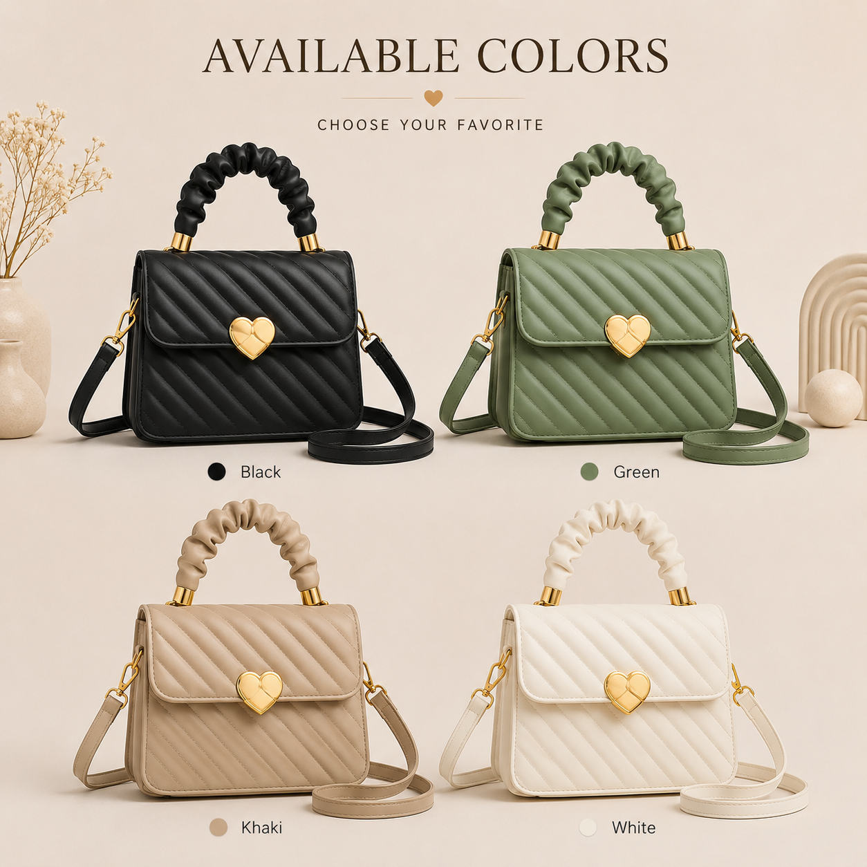 Elegant Quilted Crossbody Bag available in black green khaki and white colors
