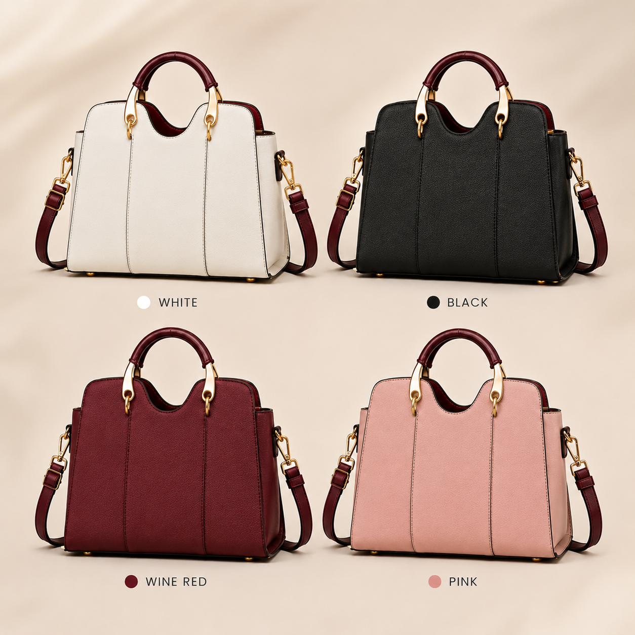 Crimson Luxe Top Handle Handbag available in black white wine red and pink colors