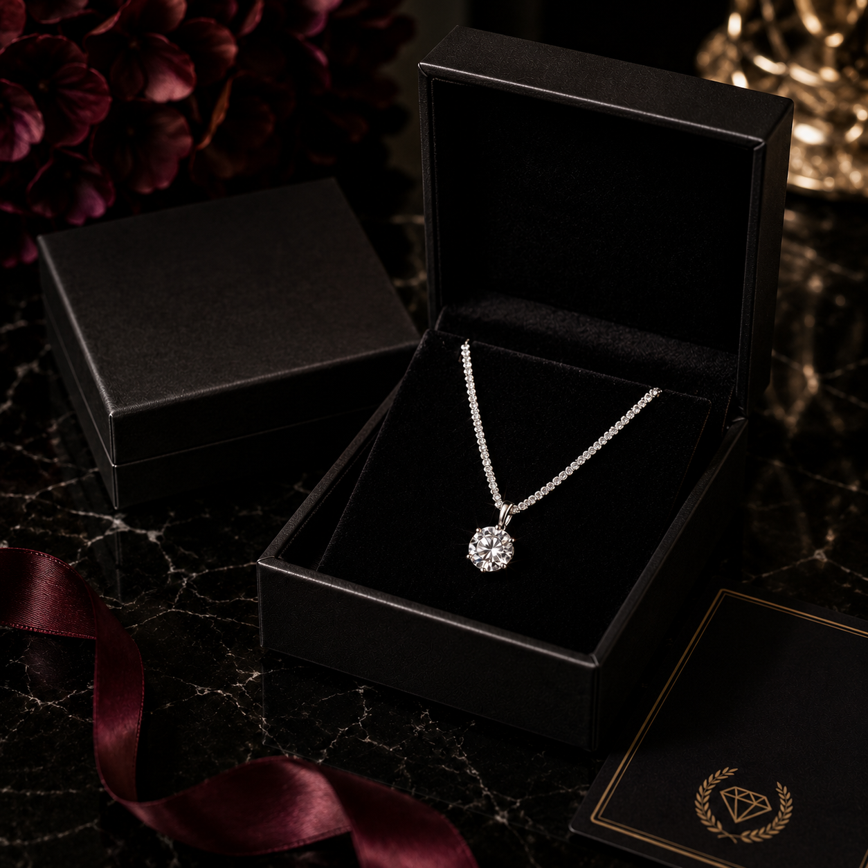 Celeste Solitaire Moissanite Necklace presented in luxury gift box packaging