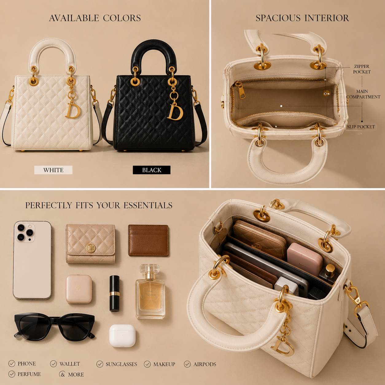 Vienna Luxe Quilted Handbag interior compartments dimensions and product features overview