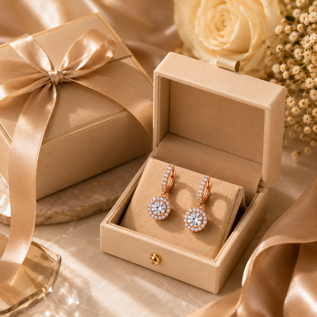 Étoile Halo Moissanite Drop Earrings presented in luxury jewelry gift box