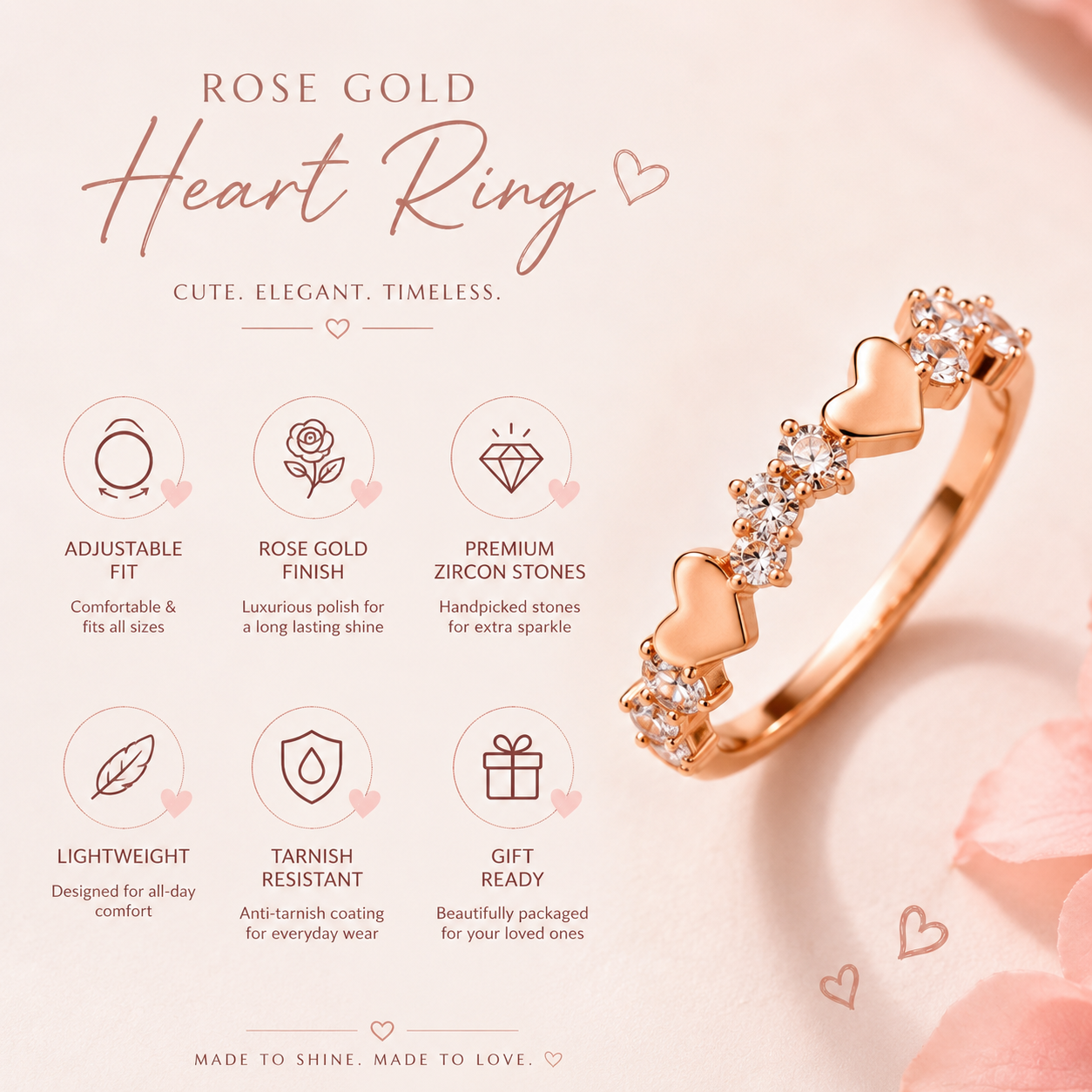 Rosalie Heart Zircon Ring features adjustable fit and premium zircon stones