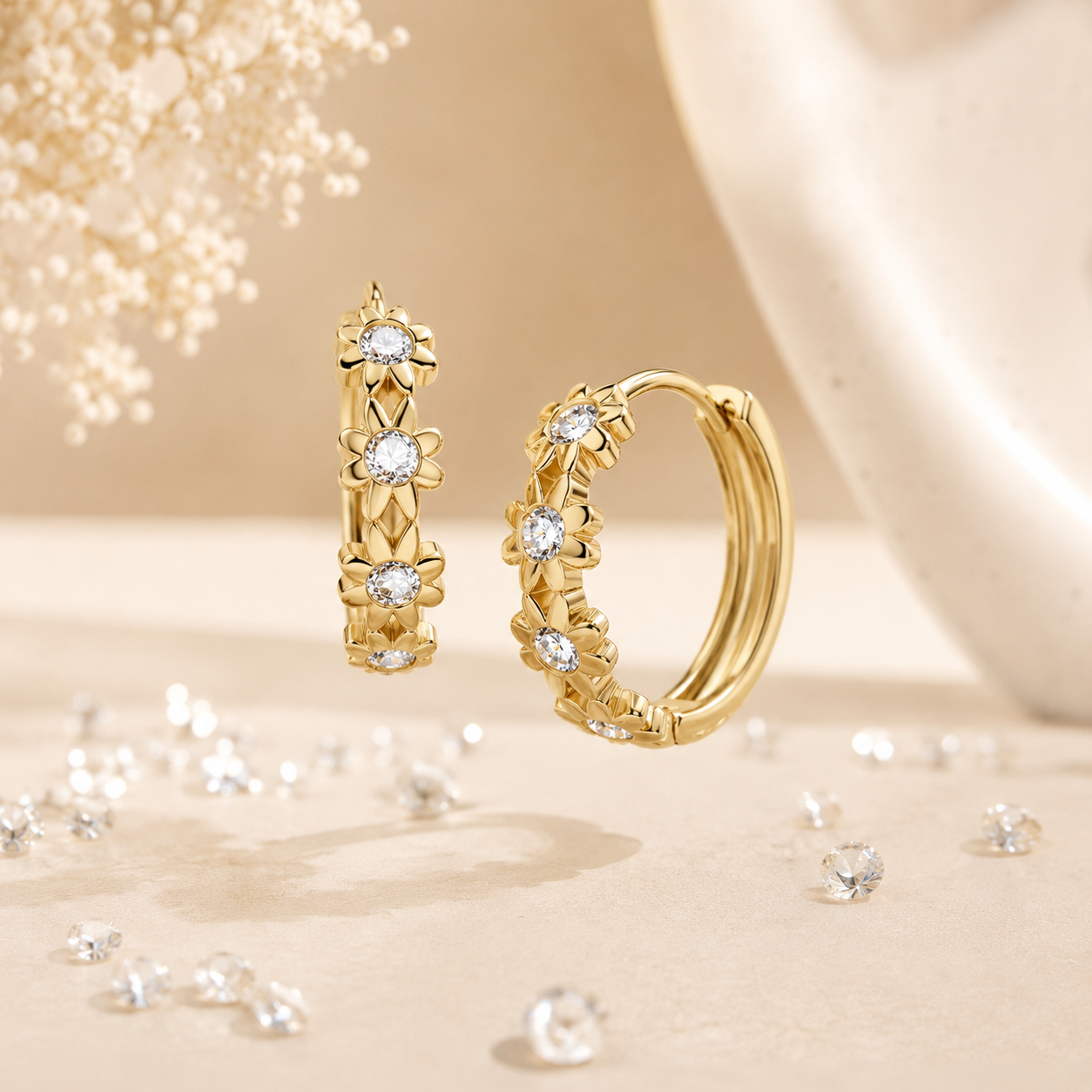 Élodie Bloom Huggie Earrings with moissanite floral design in gold finish