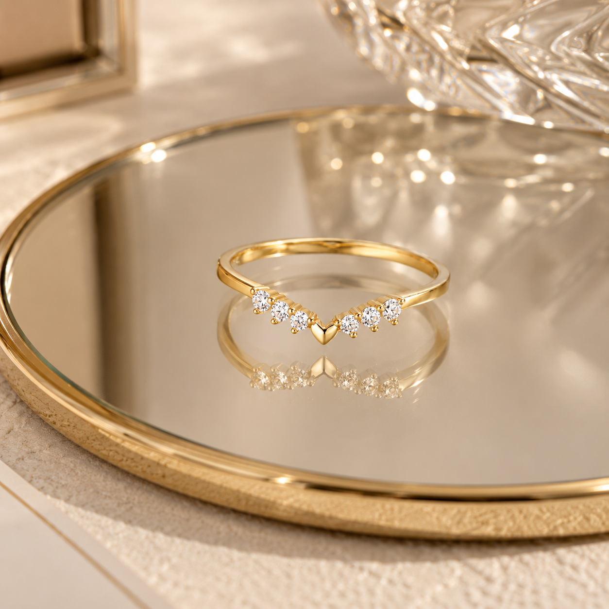Valentina V-Heart Sterling Ring displayed on luxury jewelry tray