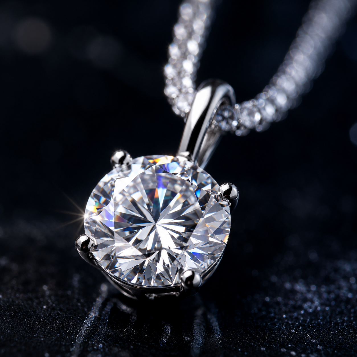 Close up of Celeste Solitaire Moissanite Necklace highlighting brilliant round cut moissanite stone