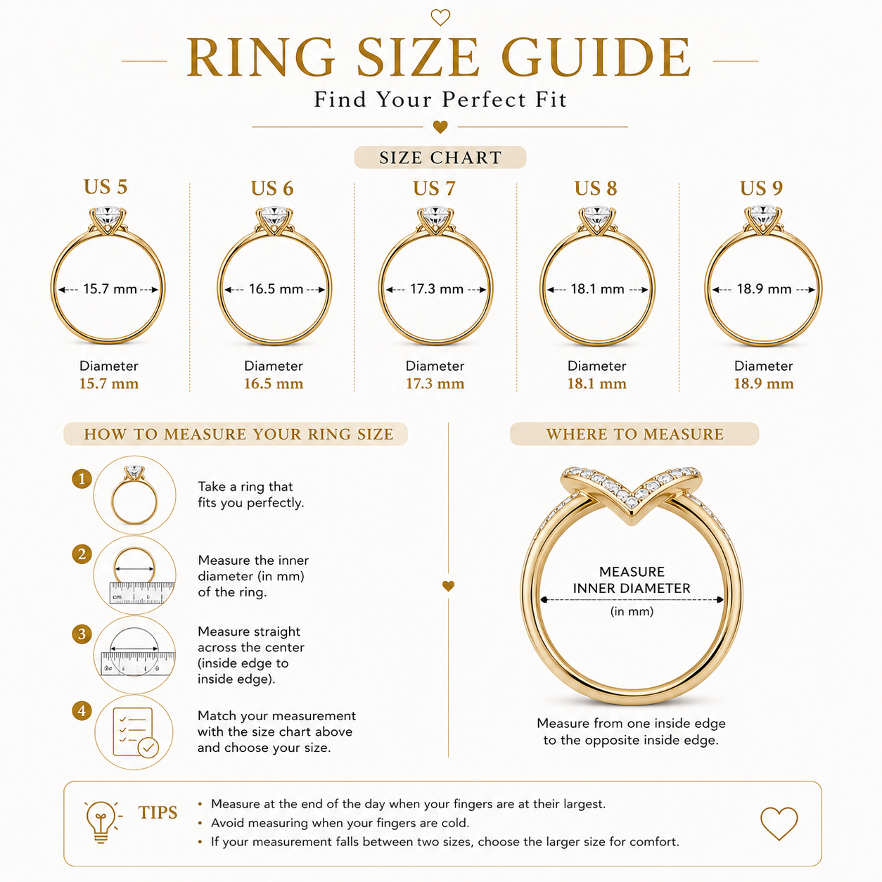 Valentina V-Heart Sterling Ring size guide and measurement chart