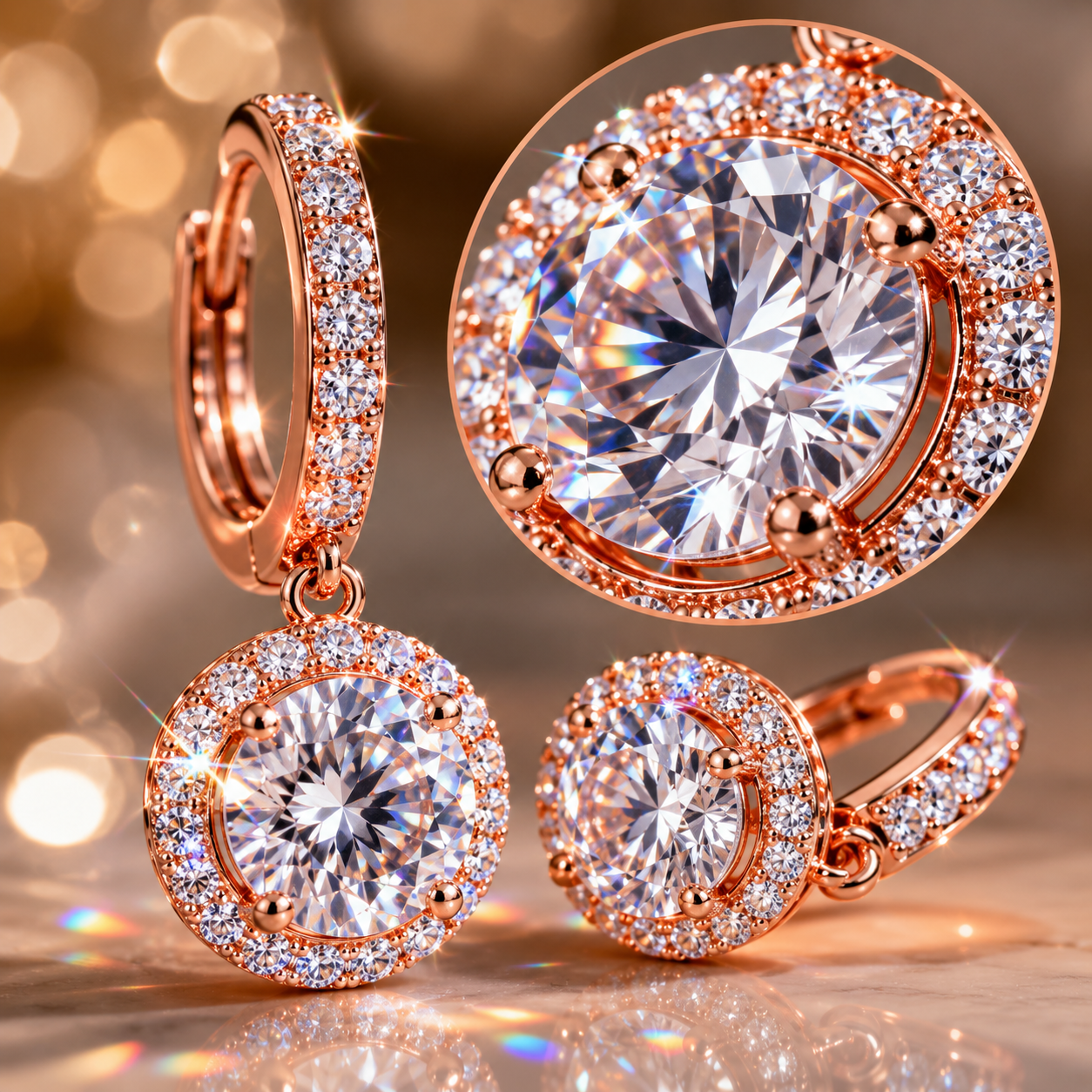 Close up of Étoile Halo Moissanite Drop Earrings featuring halo setting and moissanite brilliance