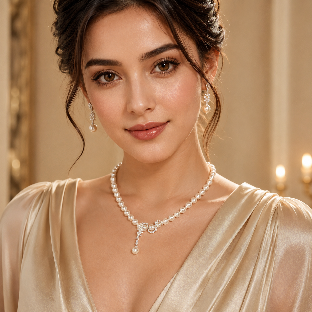 Elegant woman styling Aurora Pearl Statement Necklace for formal and special occasions
