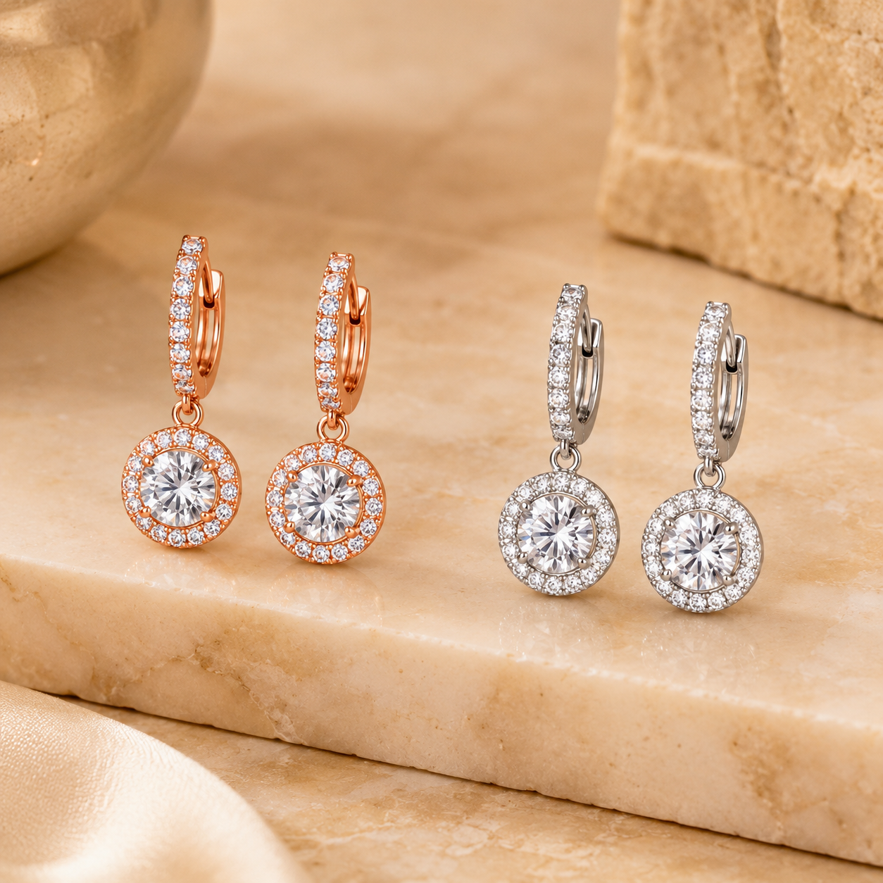Étoile Halo Moissanite Drop Earrings available in silver and rose gold finishes