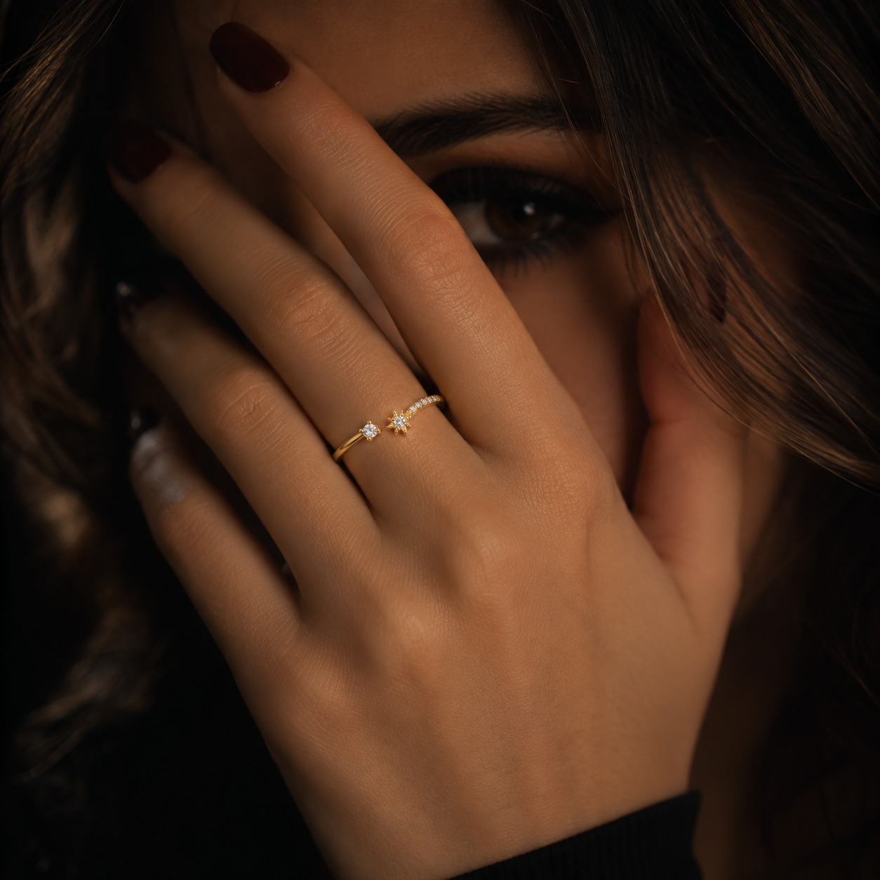 Close up of Celestia Star Topaz Ring worn by model with minimalist luxury styling