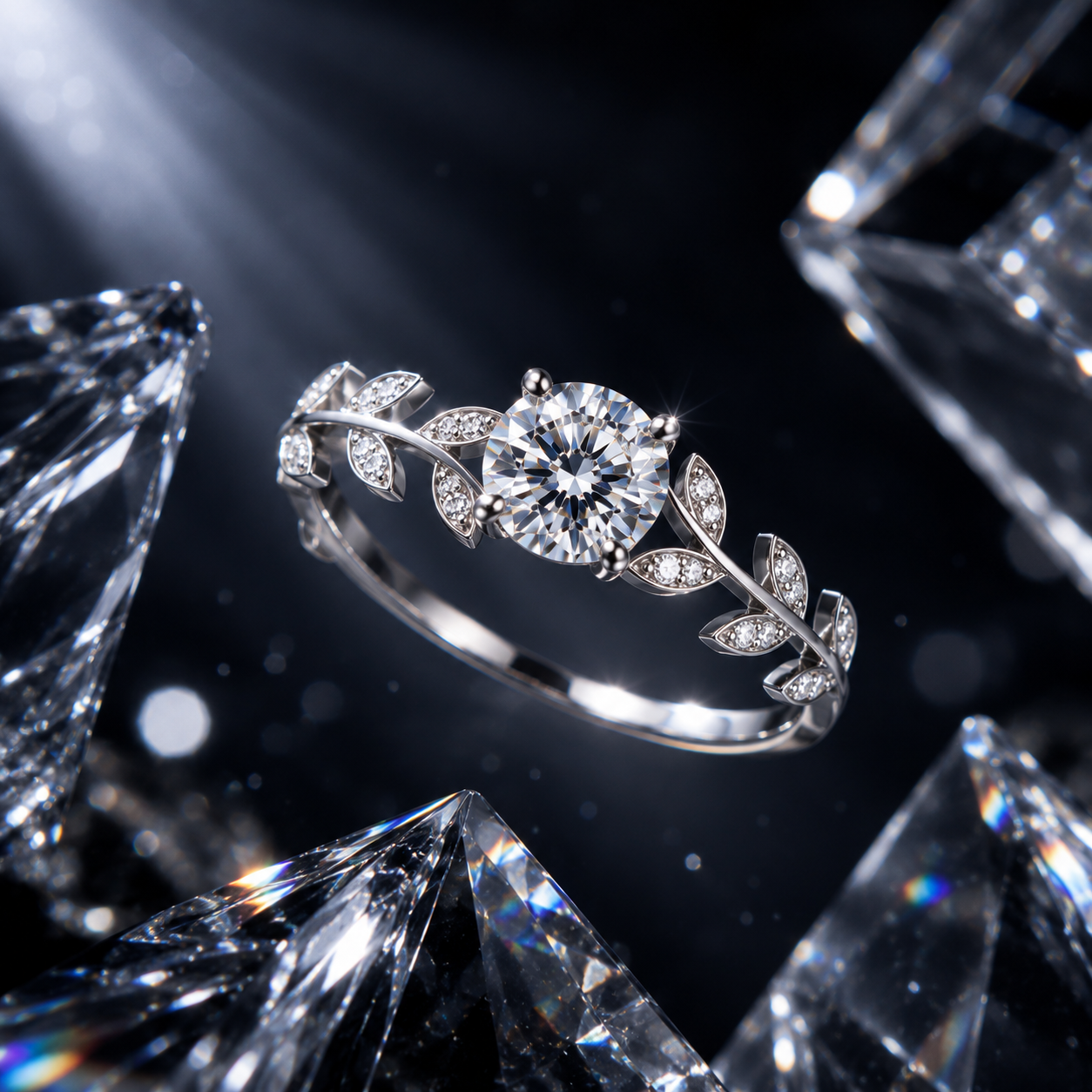 Close up of Elysian Laurel Moissanite Ring showcasing brilliant 1 carat moissanite stone