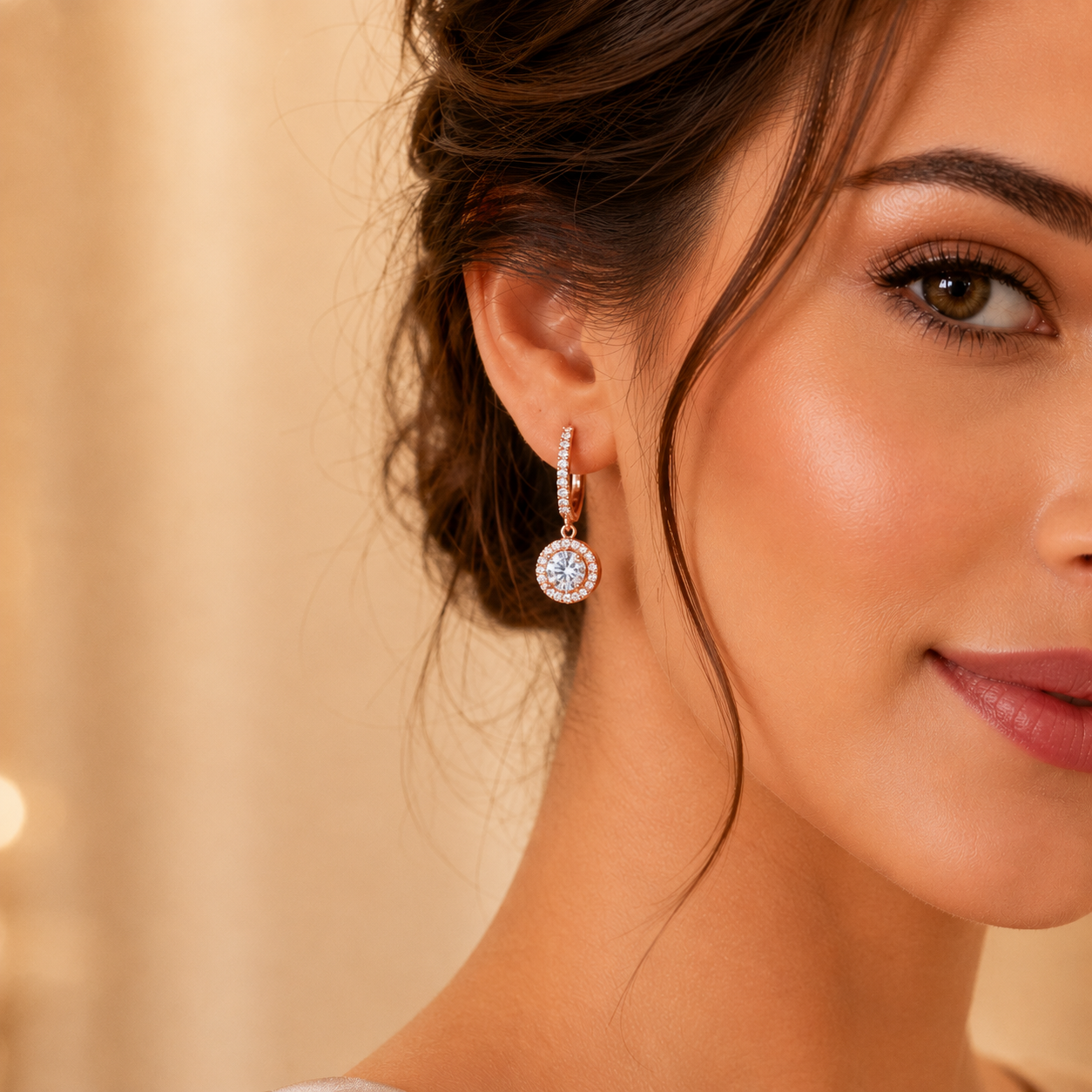 Woman wearing Étoile Halo Moissanite Drop Earrings showcasing elegant sparkle