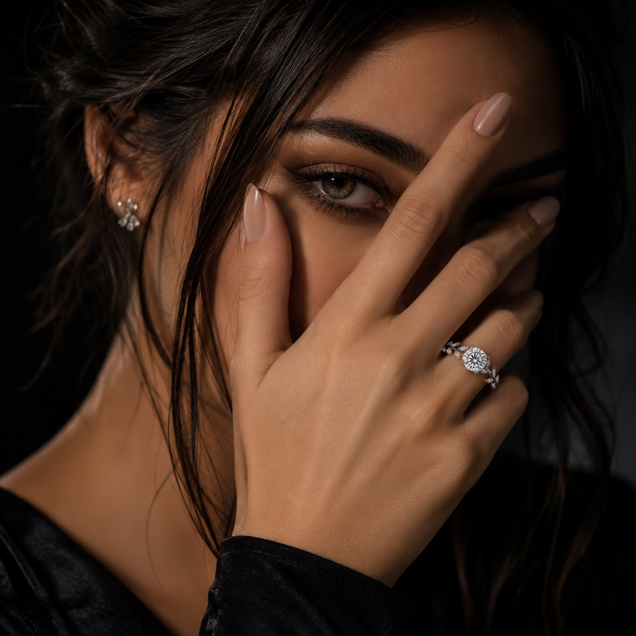 Woman wearing Elysian Laurel Moissanite Ring with elegant laurel leaf design.