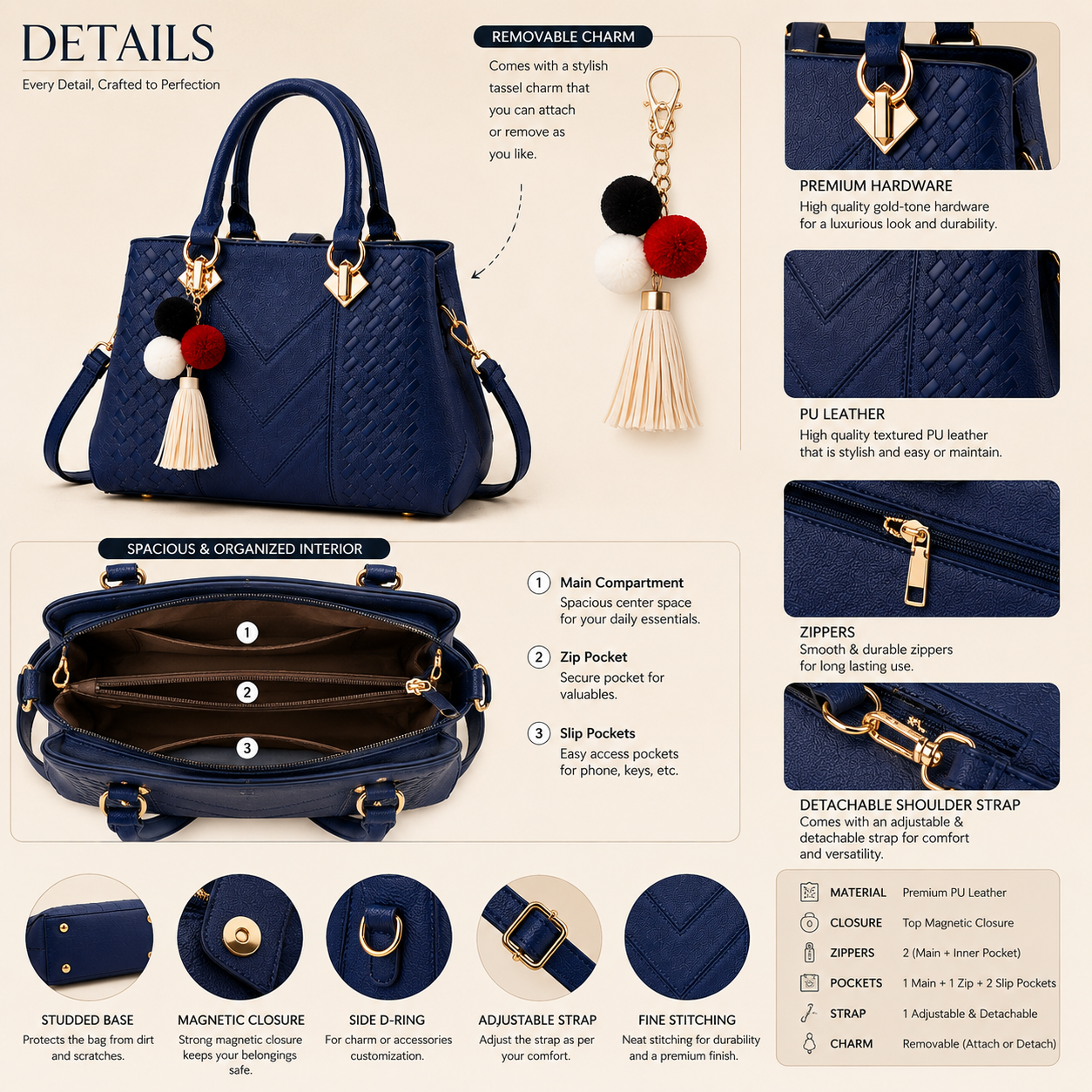Arabella Signature Tote handbag specifications compartments and premium design details