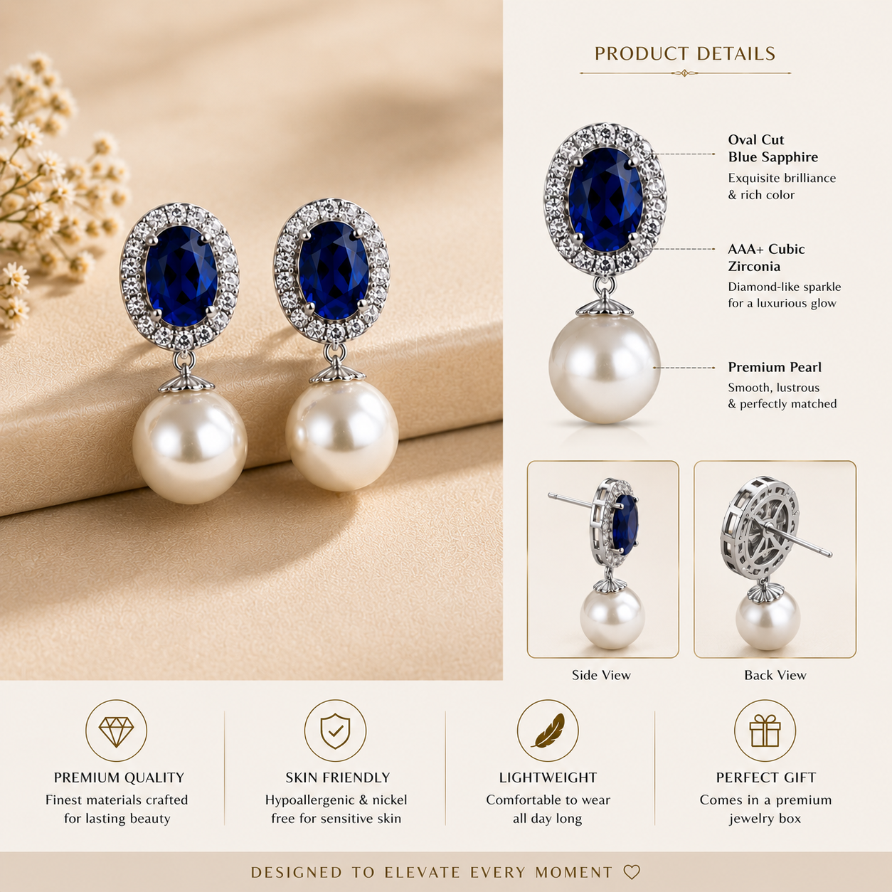 Azure Pearl Drop Earrings product features sapphire inspired stones and pearl design
