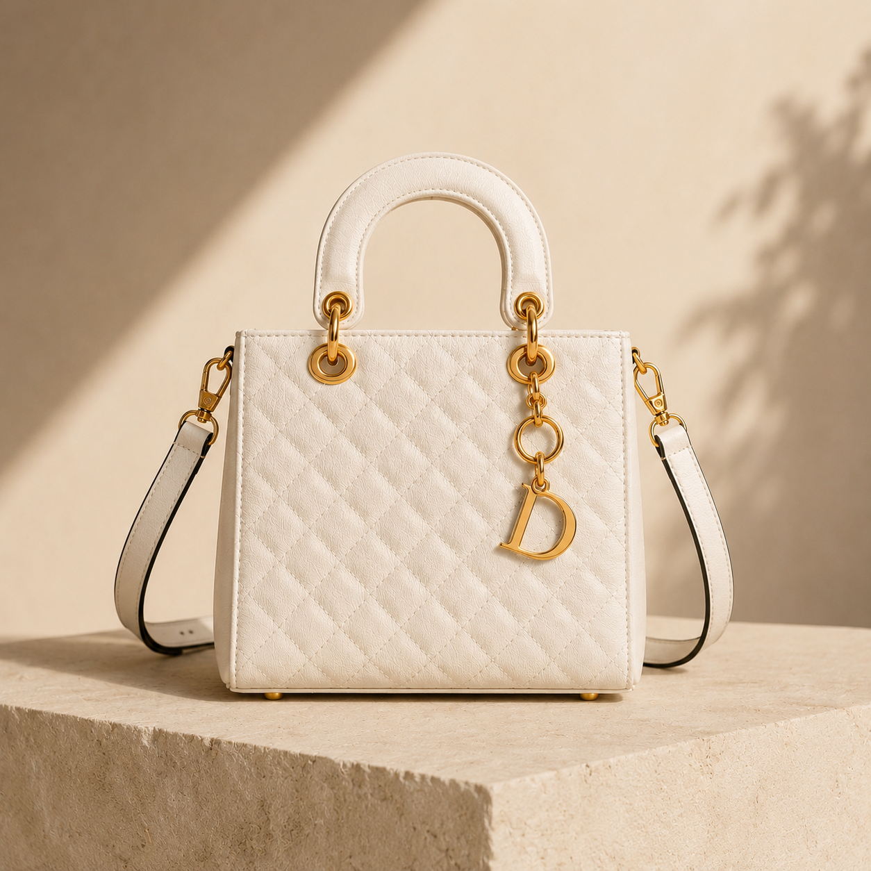 Vienna Luxe Quilted Handbag in white with quilted design and gold tone charm detail