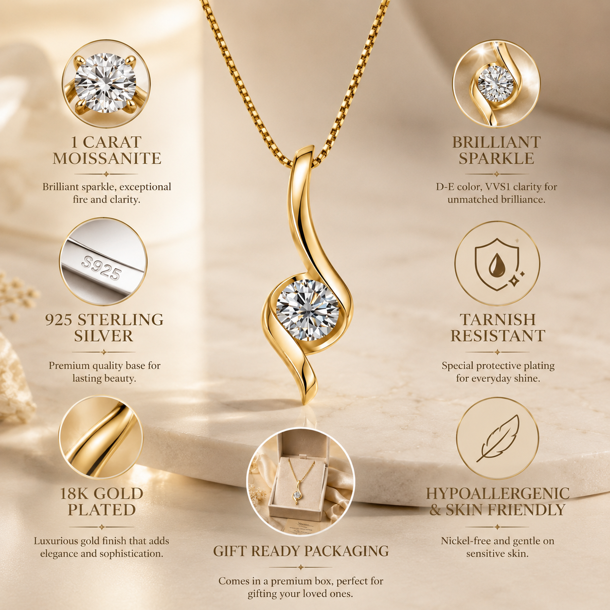 Celeste Moissanite Pendant Necklace product details and 1 carat moissanite jewelry specifications