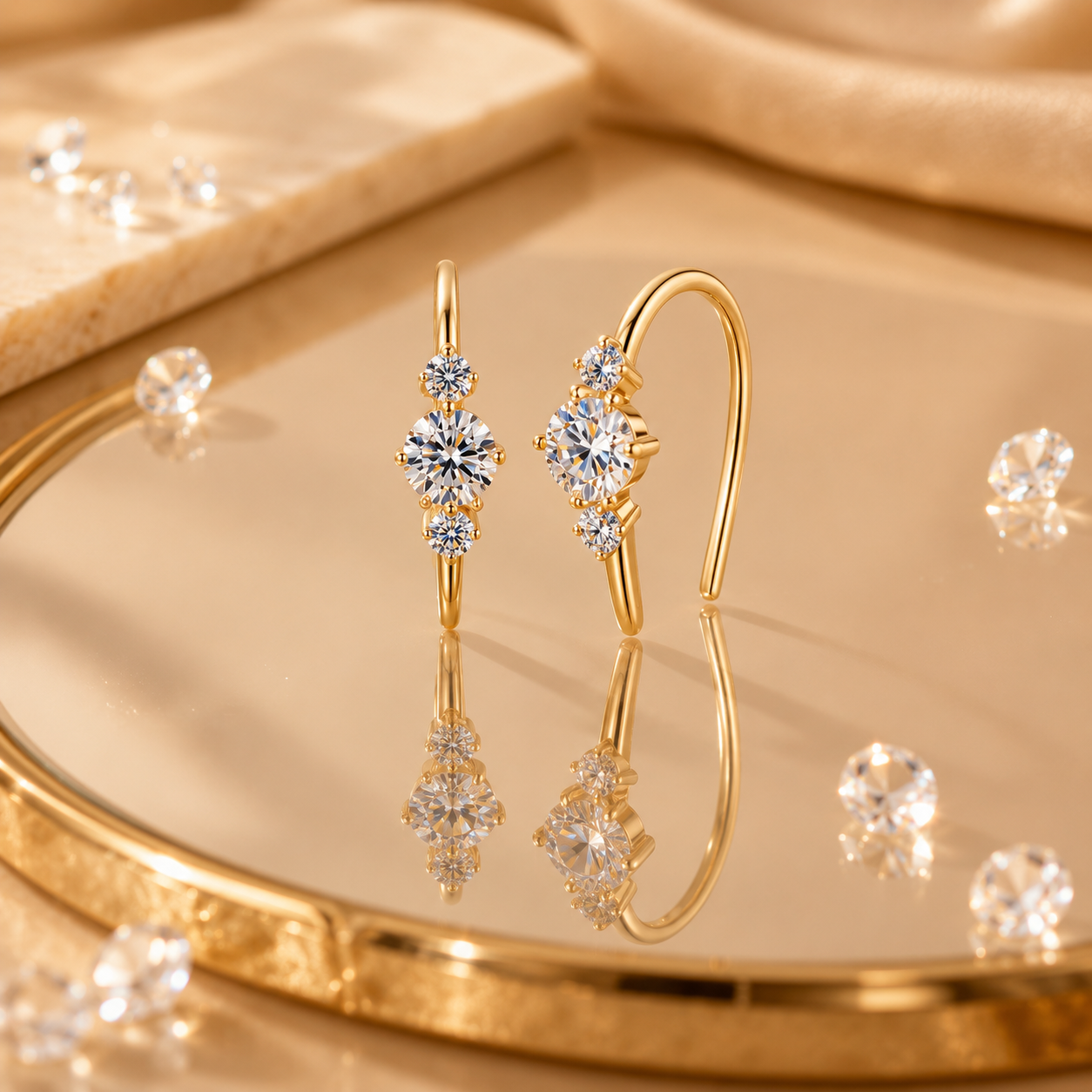 Seraphina Halo Drop Earrings with sparkling moissanite stones in gold finish