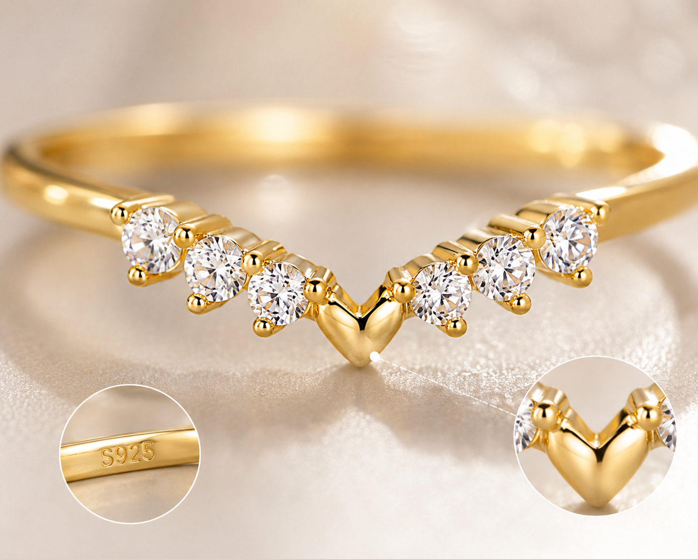 Valentina V-Heart Sterling Ring showcasing heart motif and zircon stone details