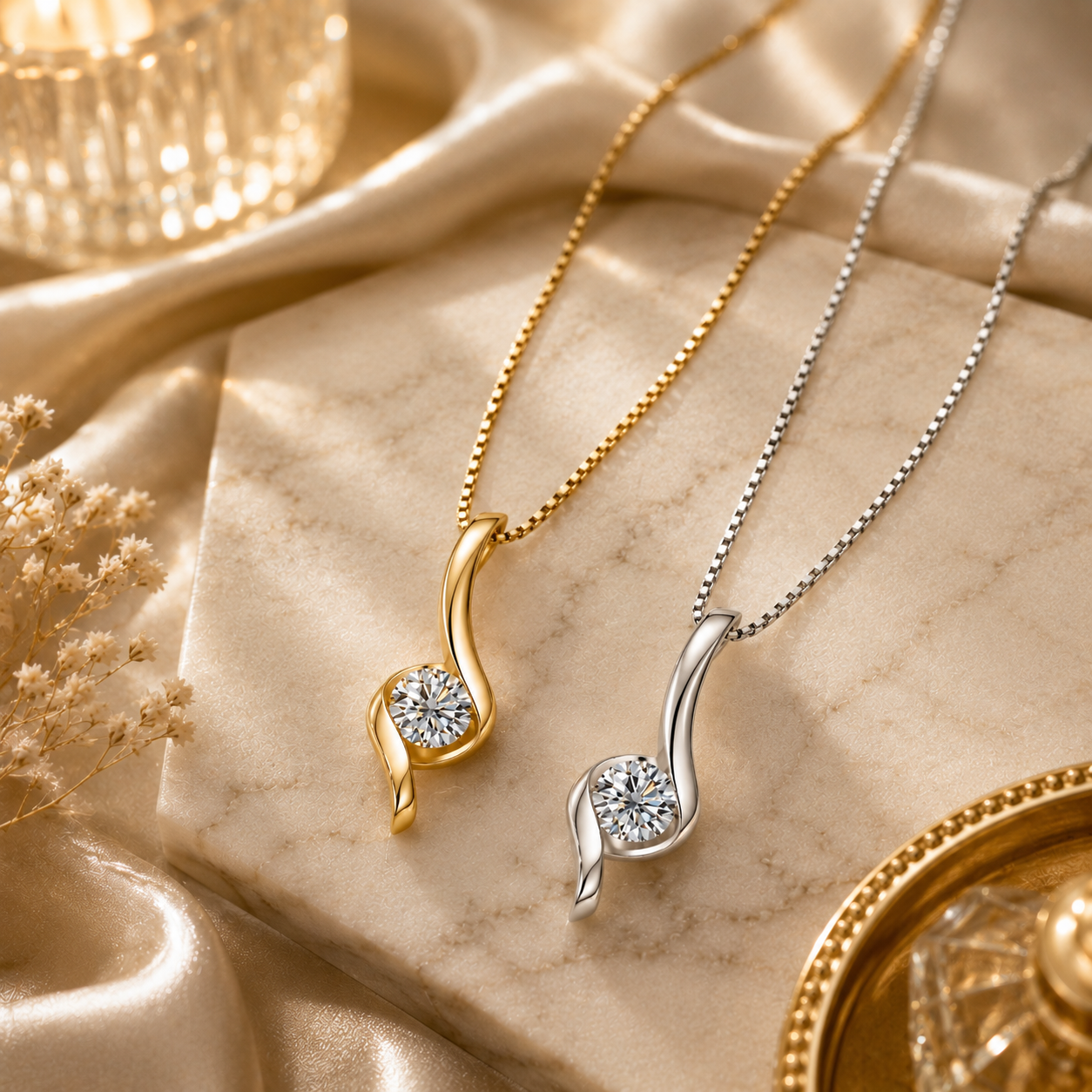 Celeste Moissanite Pendant Necklace available in gold and silver finishes