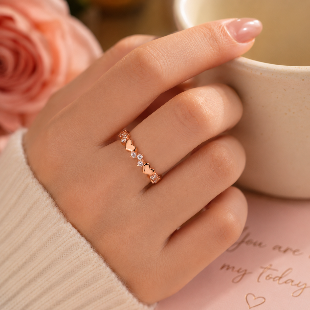 Woman wearing Rosalie Heart Zircon Ring showcasing elegant rose gold style