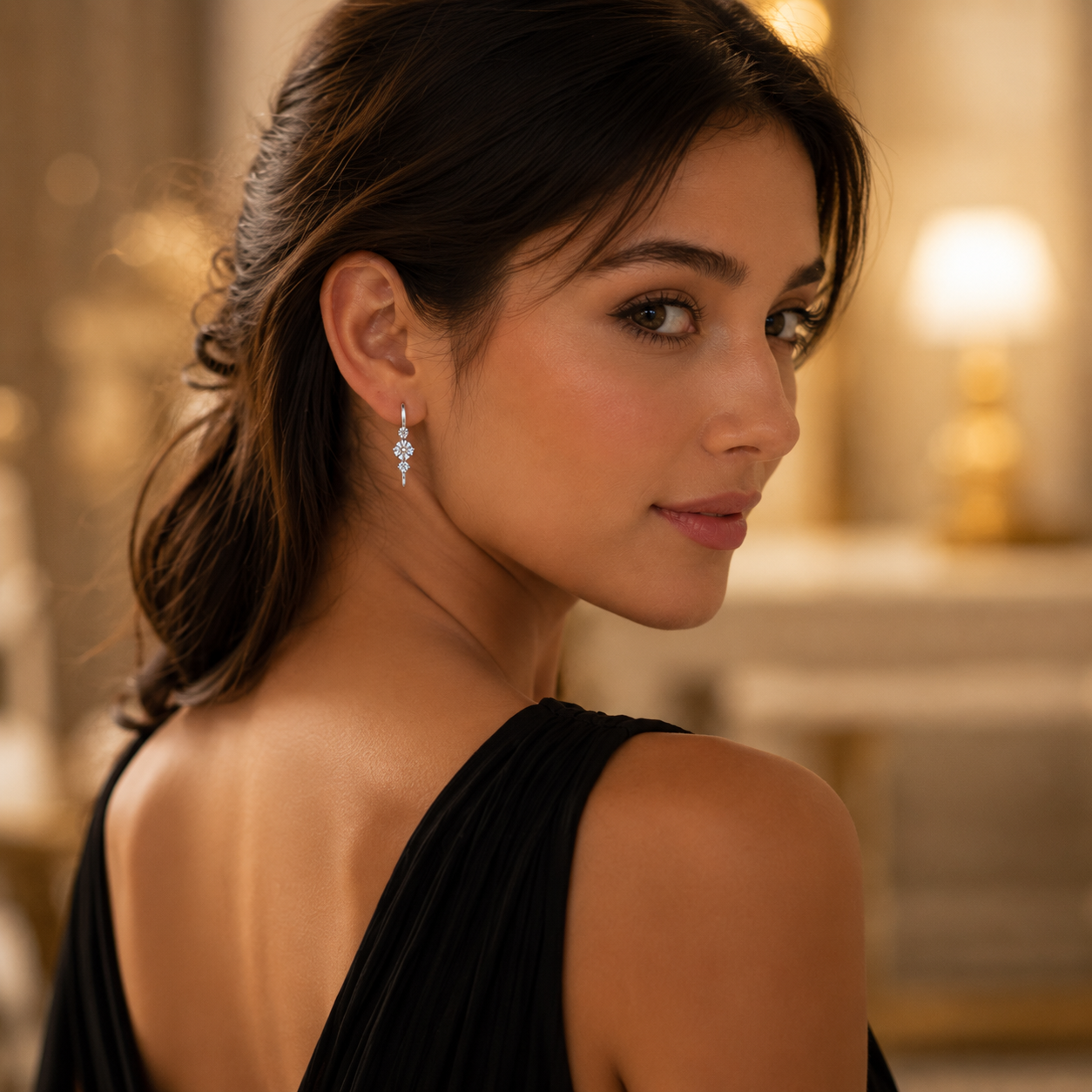 Seraphina Halo Drop Earrings styled with luxury evening look