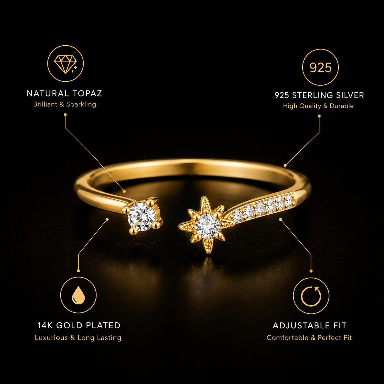 Celestia Star Topaz Ring features adjustable open ring design and sterling silver base