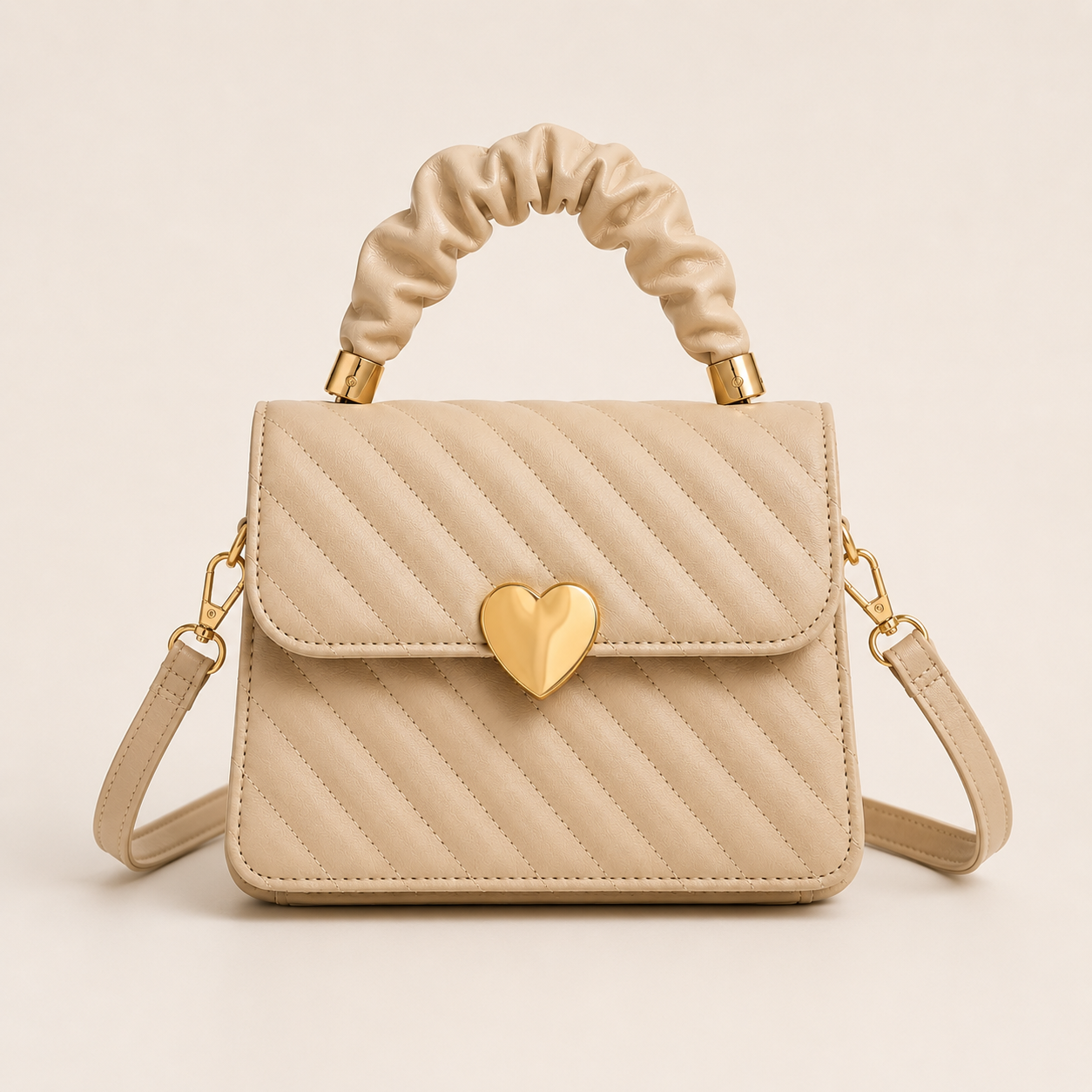 Elegant Quilted Crossbody Bag with heart lock detail in khaki color and gold hardware