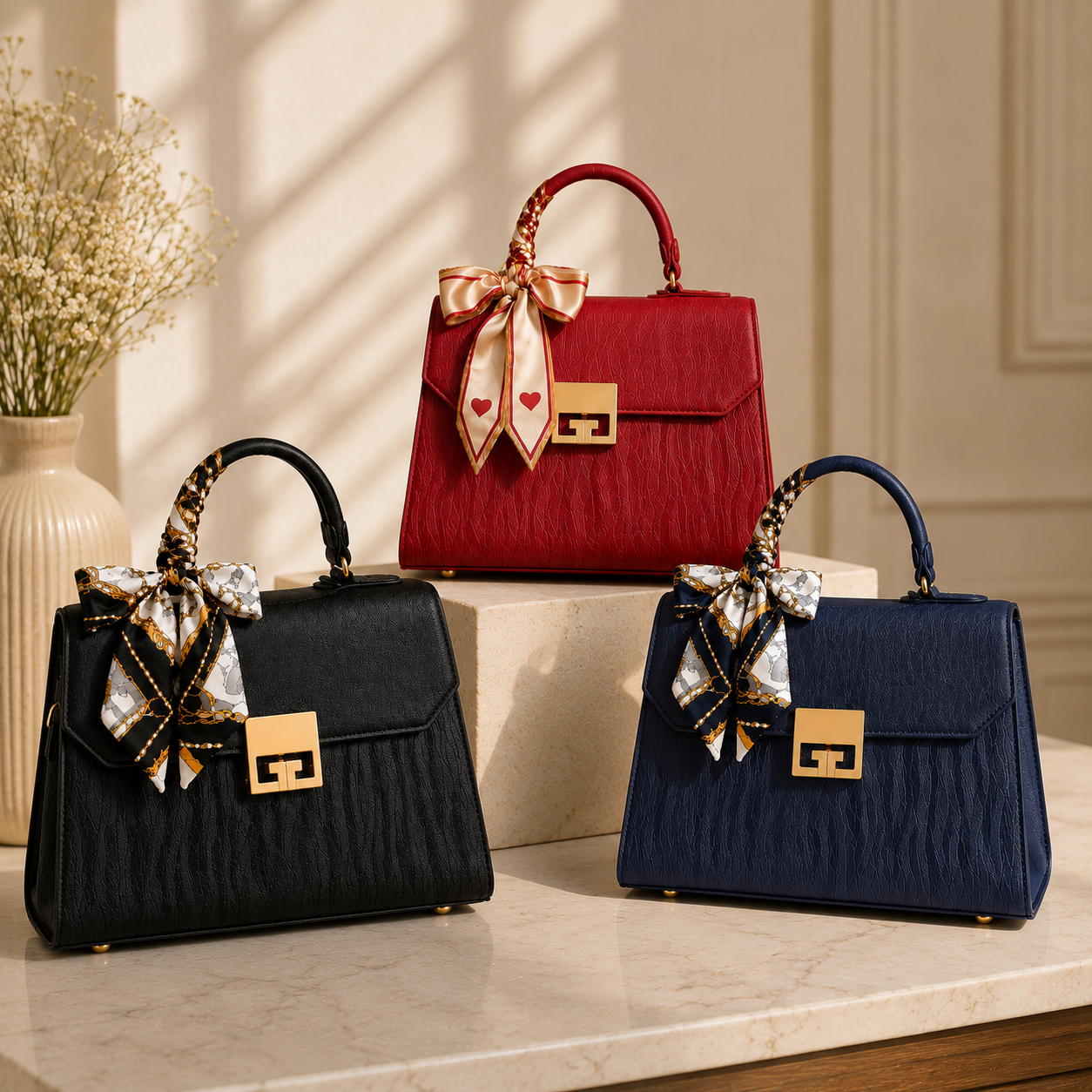 Celeste Noir Luxe Handbag available in black red and blue colors