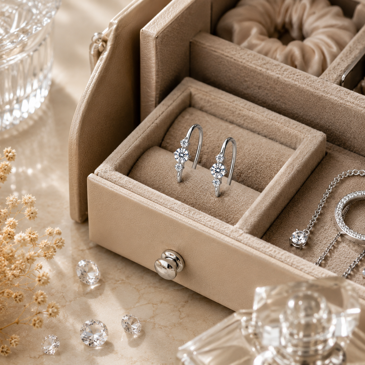 Seraphina Halo Drop Earrings presented in premium jewelry gift box