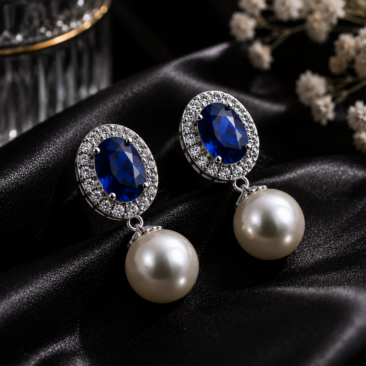 Close up of Azure Pearl Drop Earrings featuring pearl drops and zircon halo detailing
