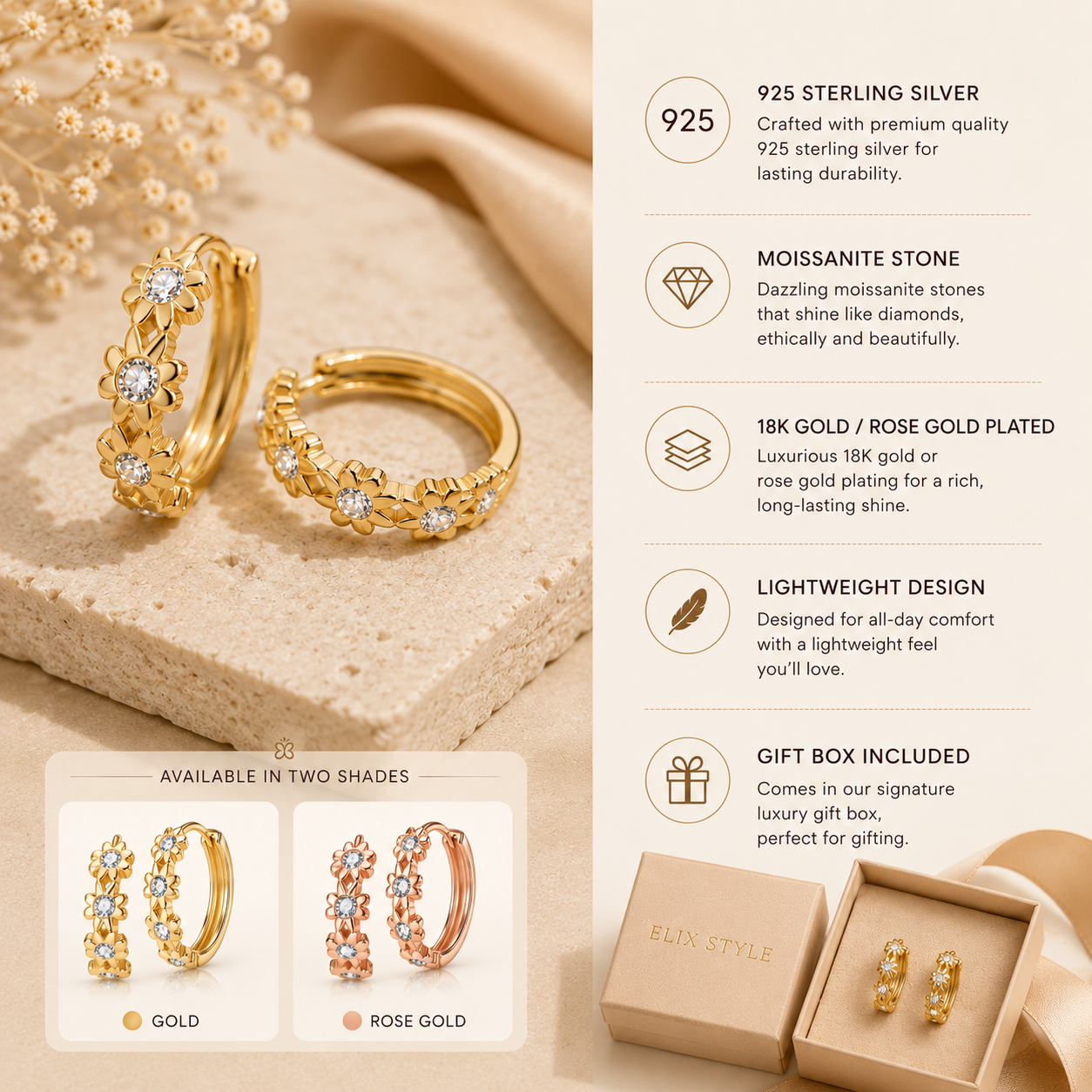 Élodie Bloom Huggie Earrings features premium moissanite stones and sterling silver craftsmanship