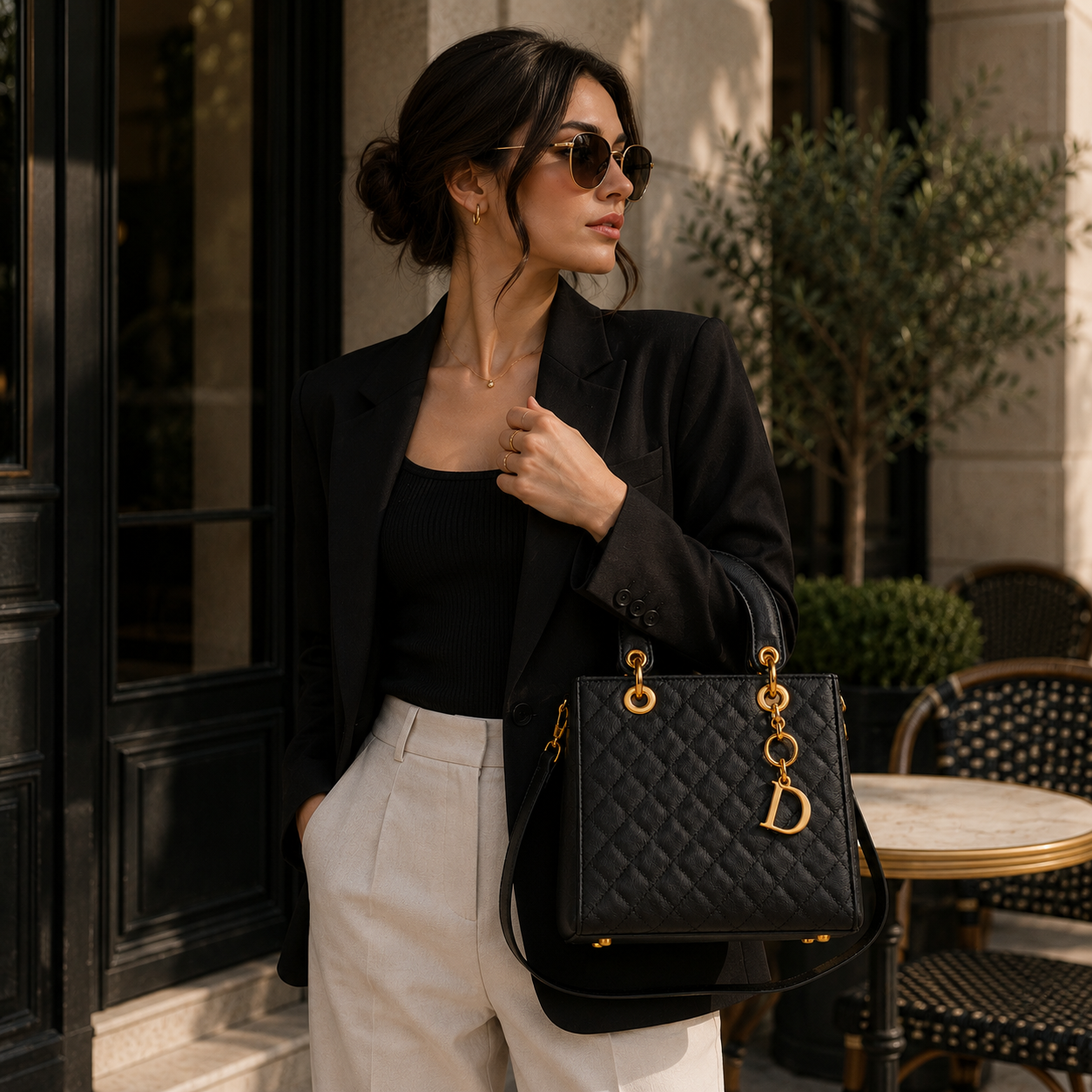 Woman carrying Vienna Luxe Quilted Handbag in black with structured quilted design