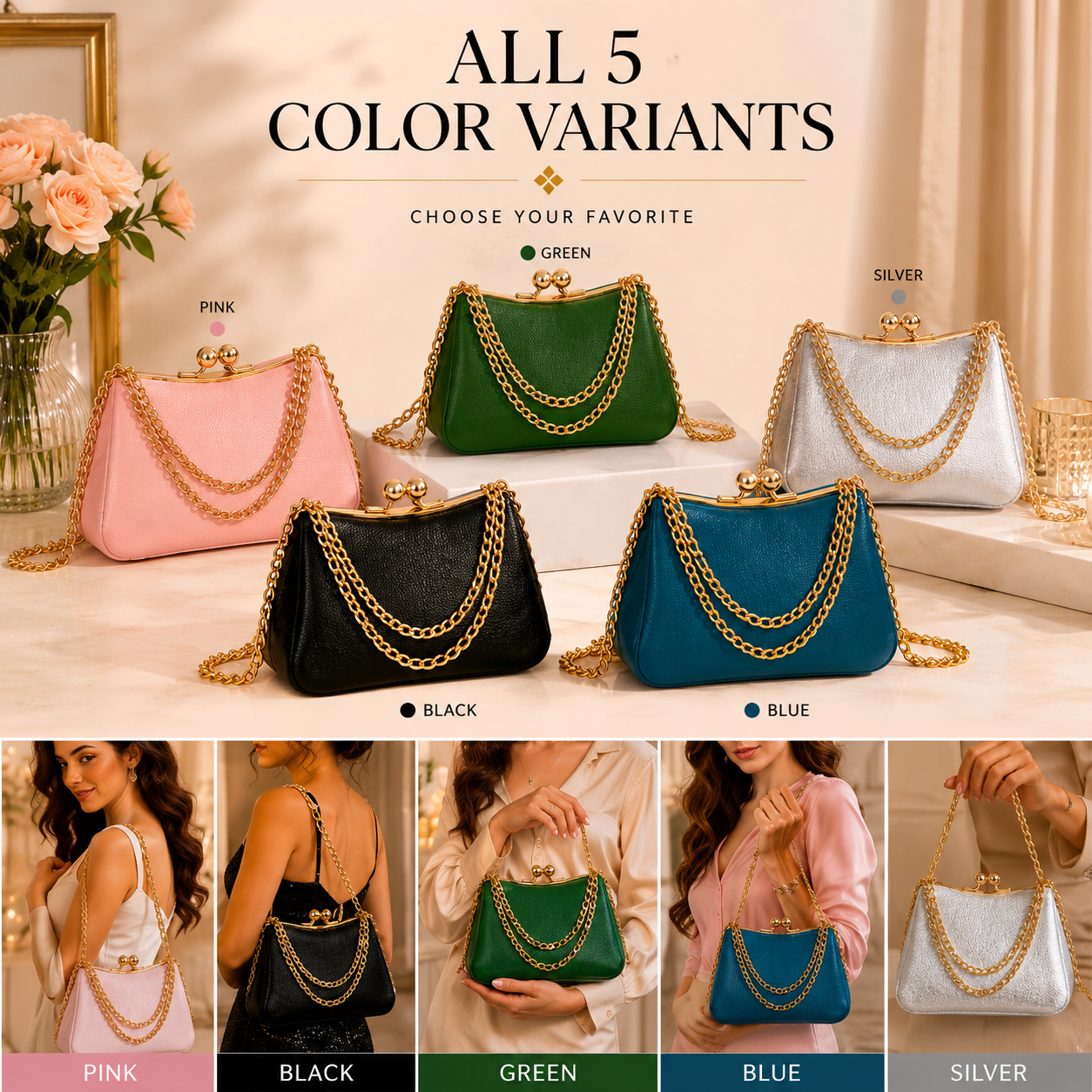 Celeste Chain Clutch available in black blue green pink and silver colors