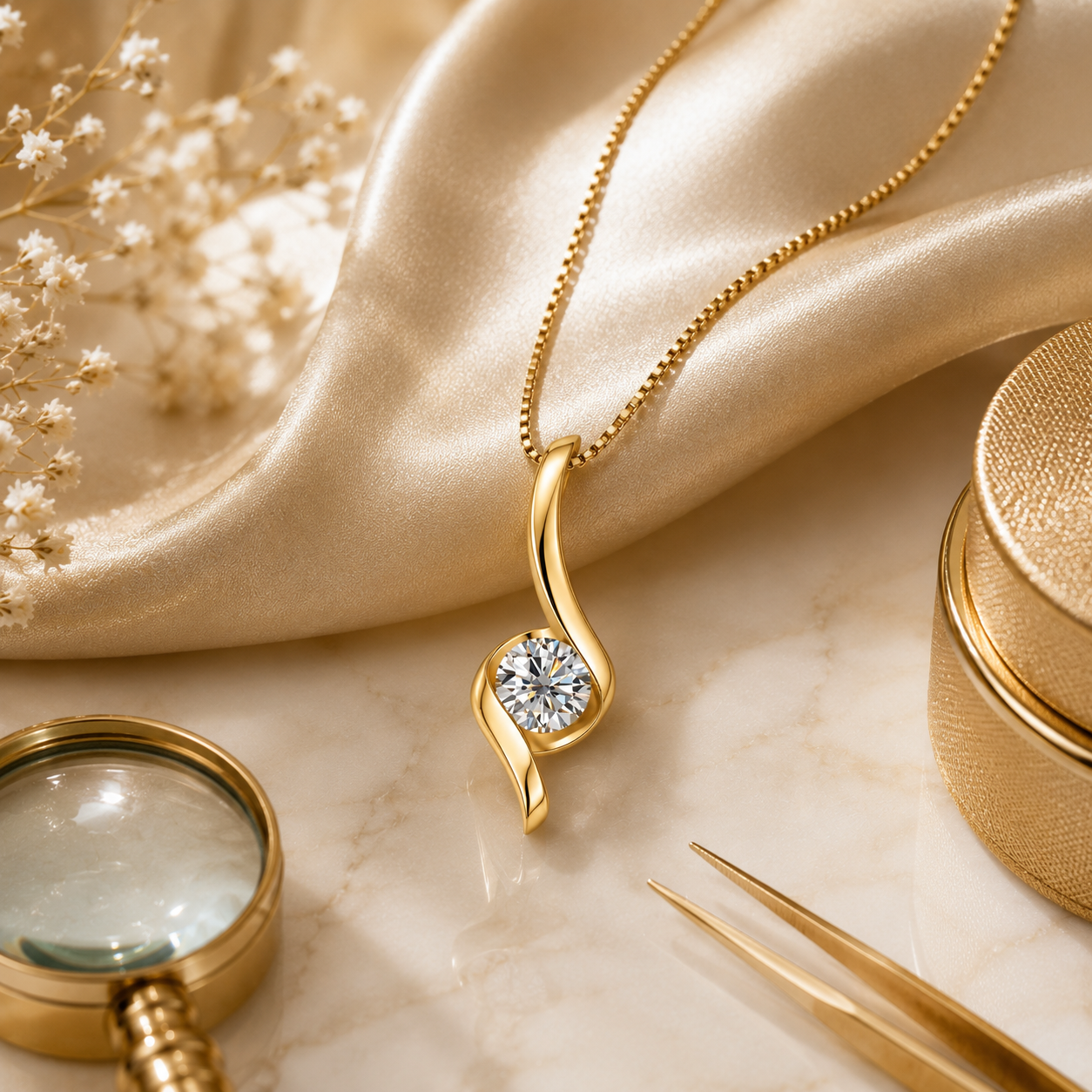 Celeste Moissanite Pendant Necklace displayed with sparkling moissanite stone and gold chain