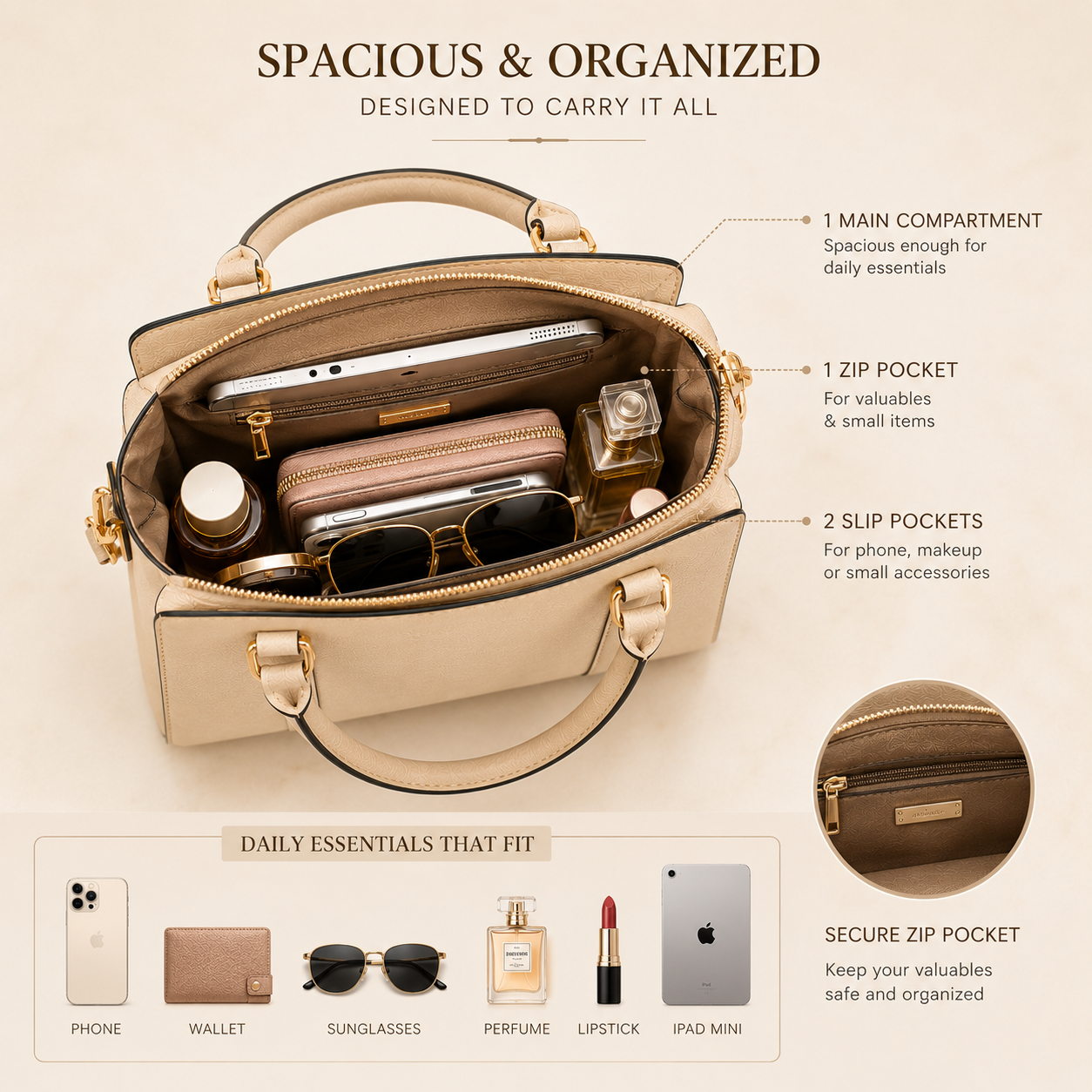 Crimson Luxe Top Handle Handbag spacious multi compartment interior and organized storage