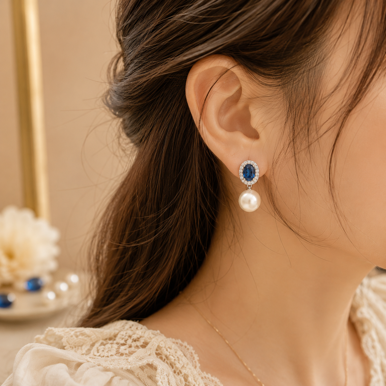 Woman wearing Azure Pearl Drop Earrings showcasing elegant pearl and blue gemstone design