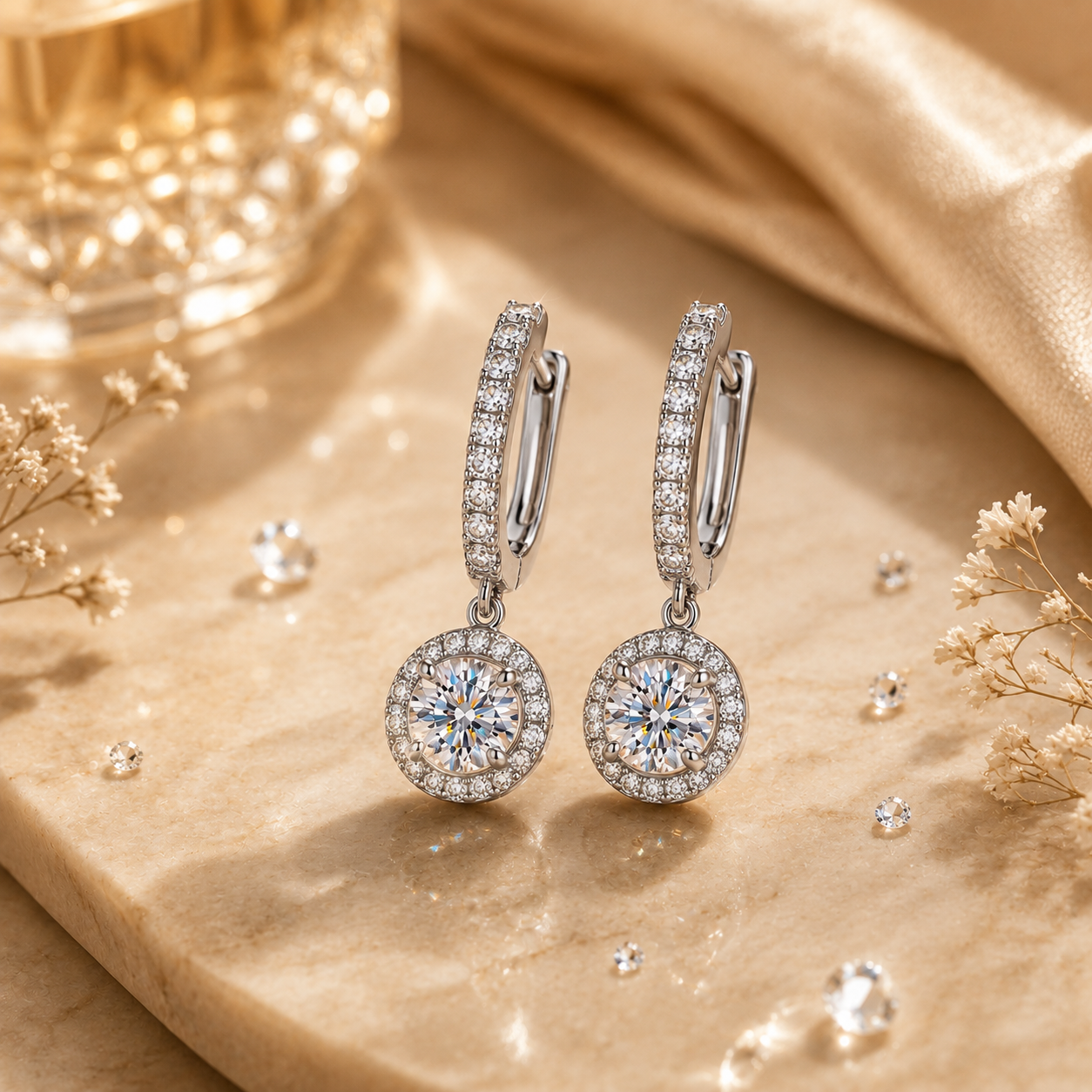 Étoile Halo Moissanite Drop Earrings with brilliant halo design and premium moissanite stones