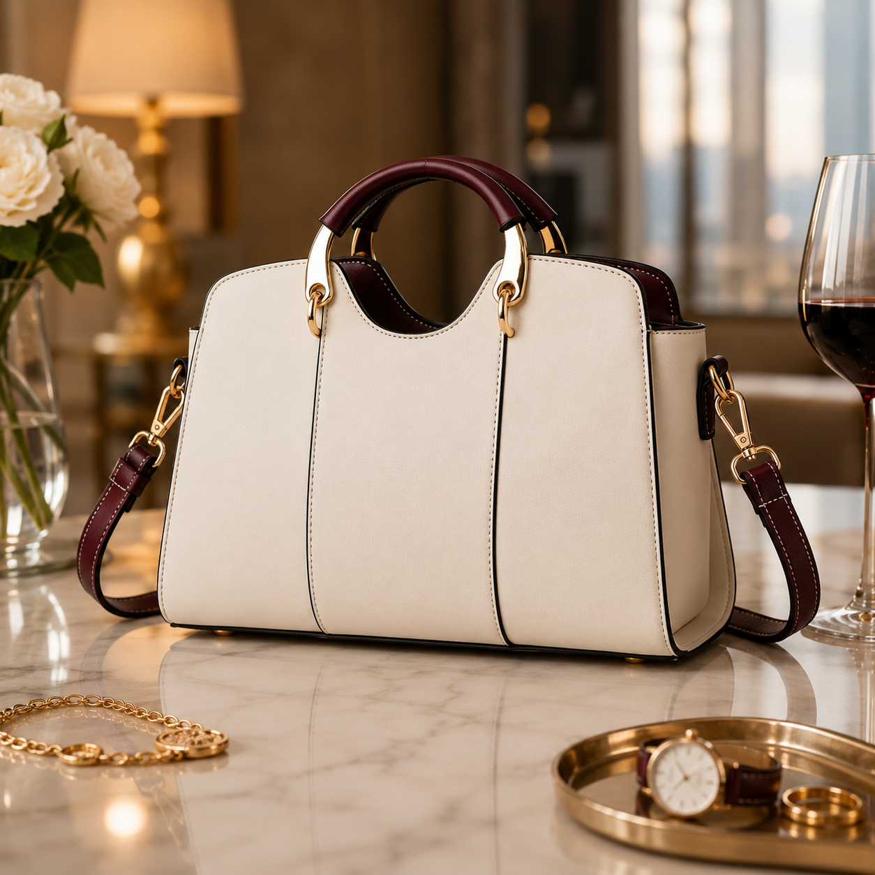 Crimson Luxe Top Handle Handbag in white with structured silhouette and gold tone hardware