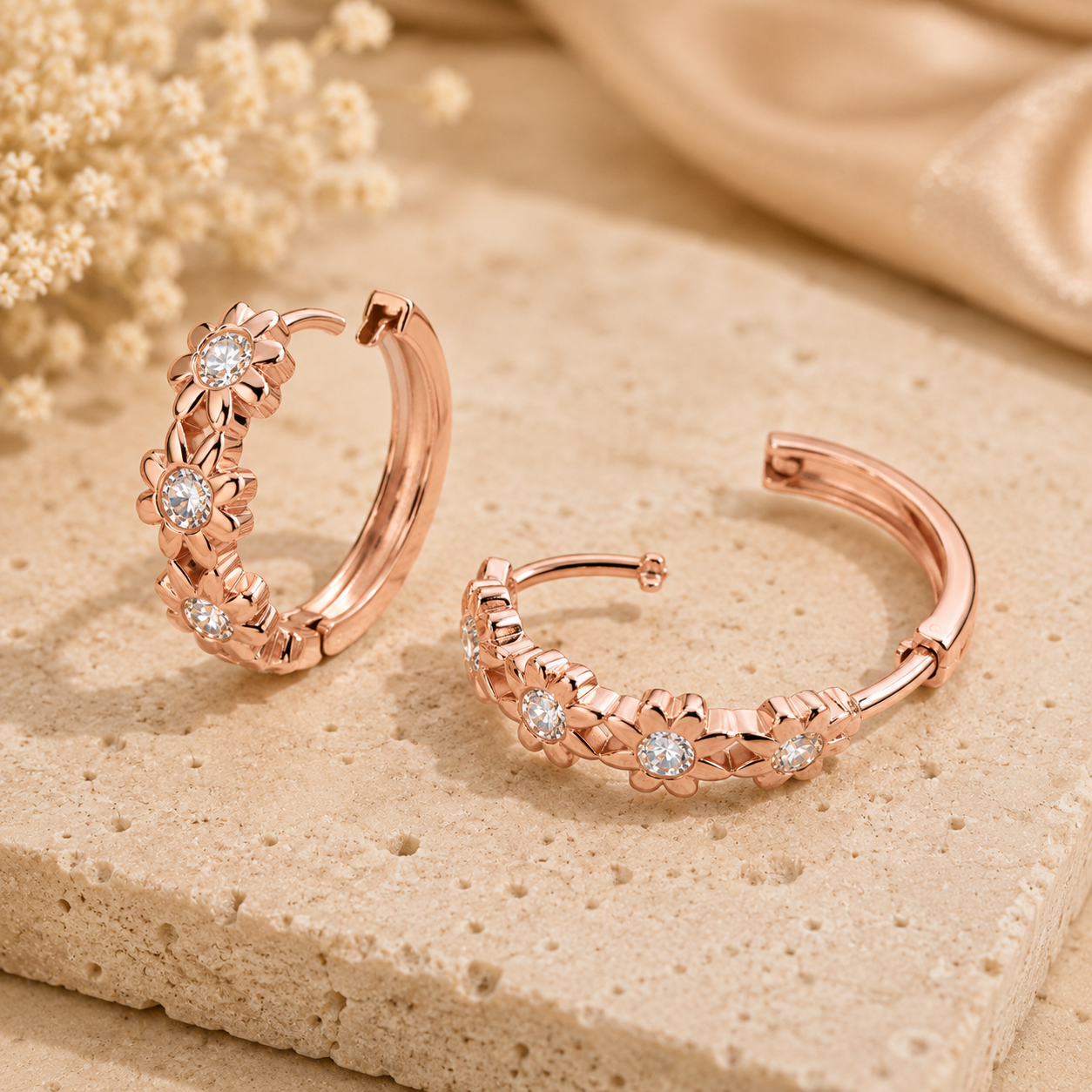 Élodie Bloom Huggie Earrings in rose gold finish with premium moissanite stones