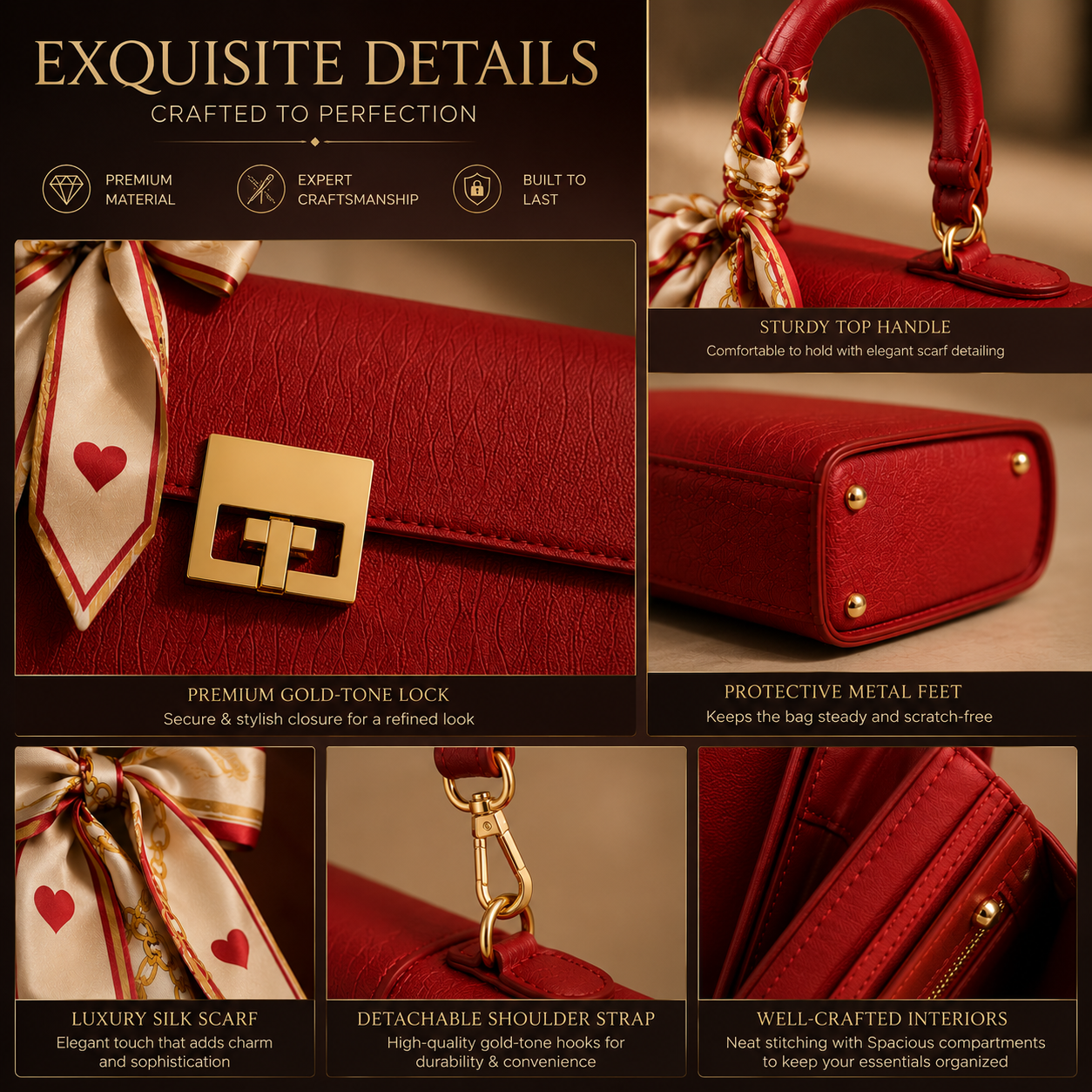 Celeste Noir Luxe Handbag premium gold tone hardware scarf detail and craftsmanship close up
