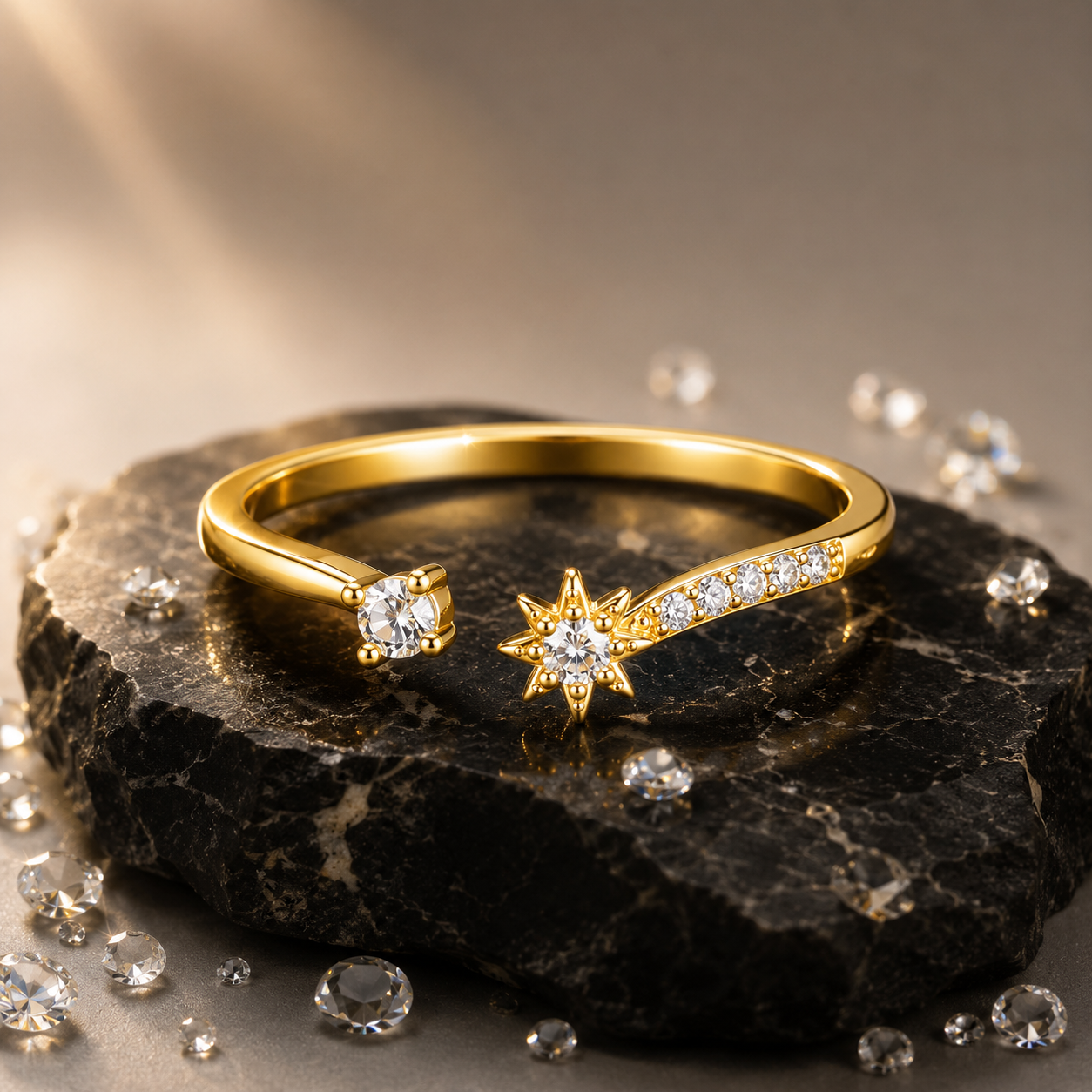 Celestia Star Topaz Ring in gold finish with sparkling star inspired design