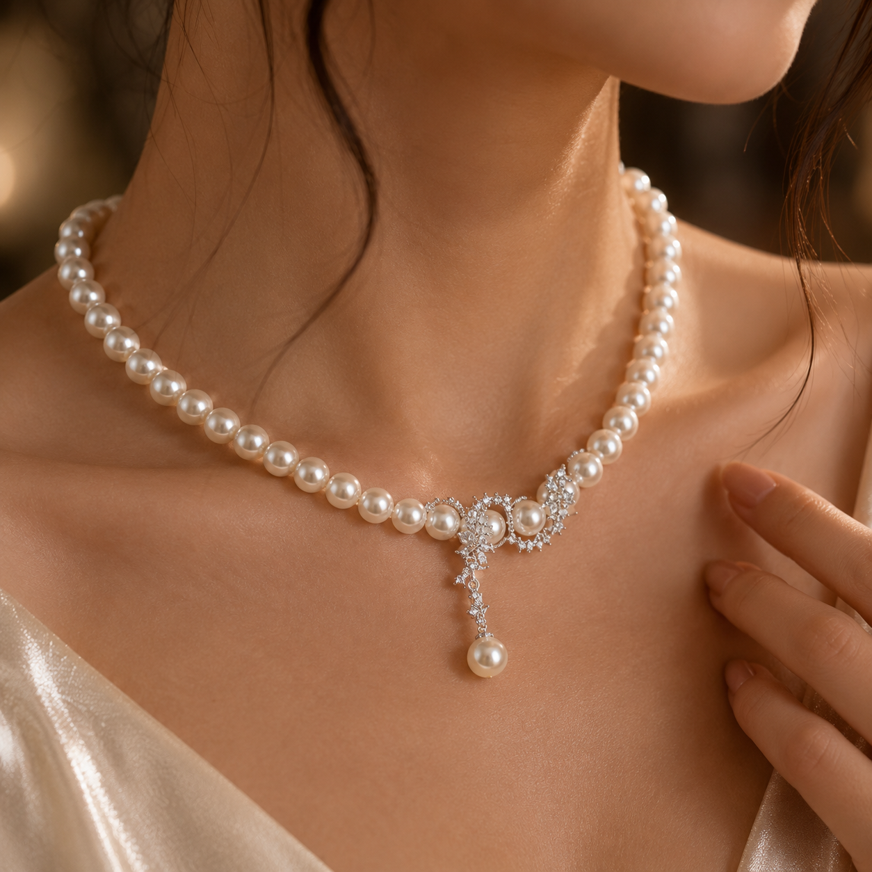Woman wearing Aurora Pearl Statement Necklace showcasing elegant pearl and zircon design