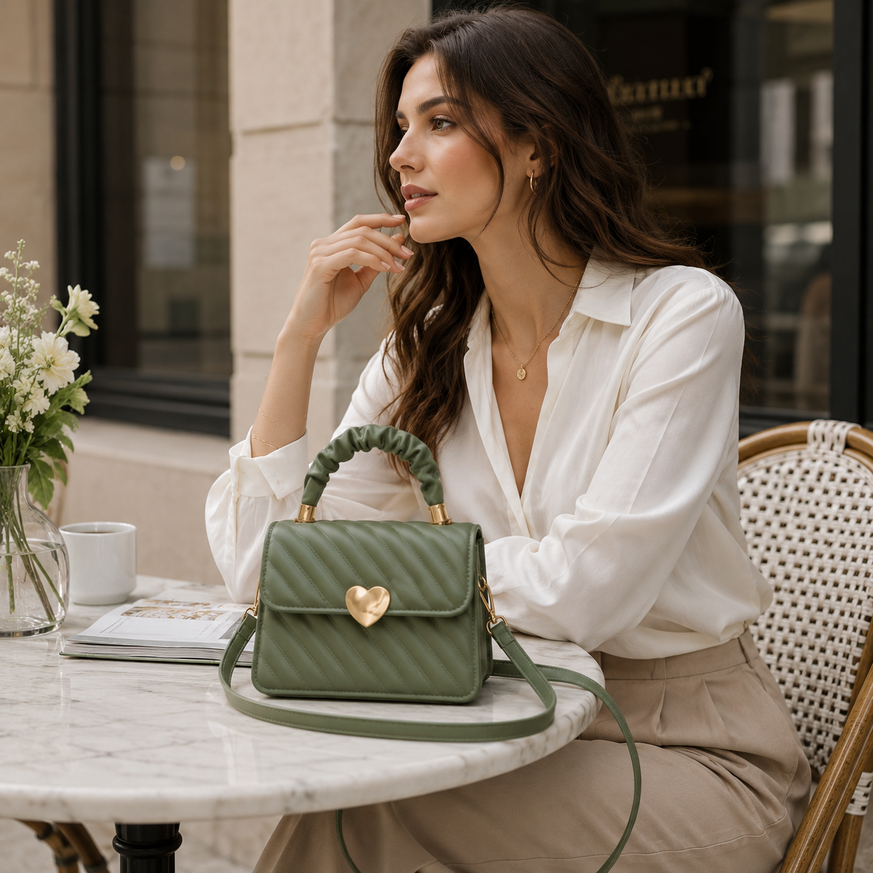Woman carrying Elegant Quilted Crossbody Bag with heart lock detail in green color