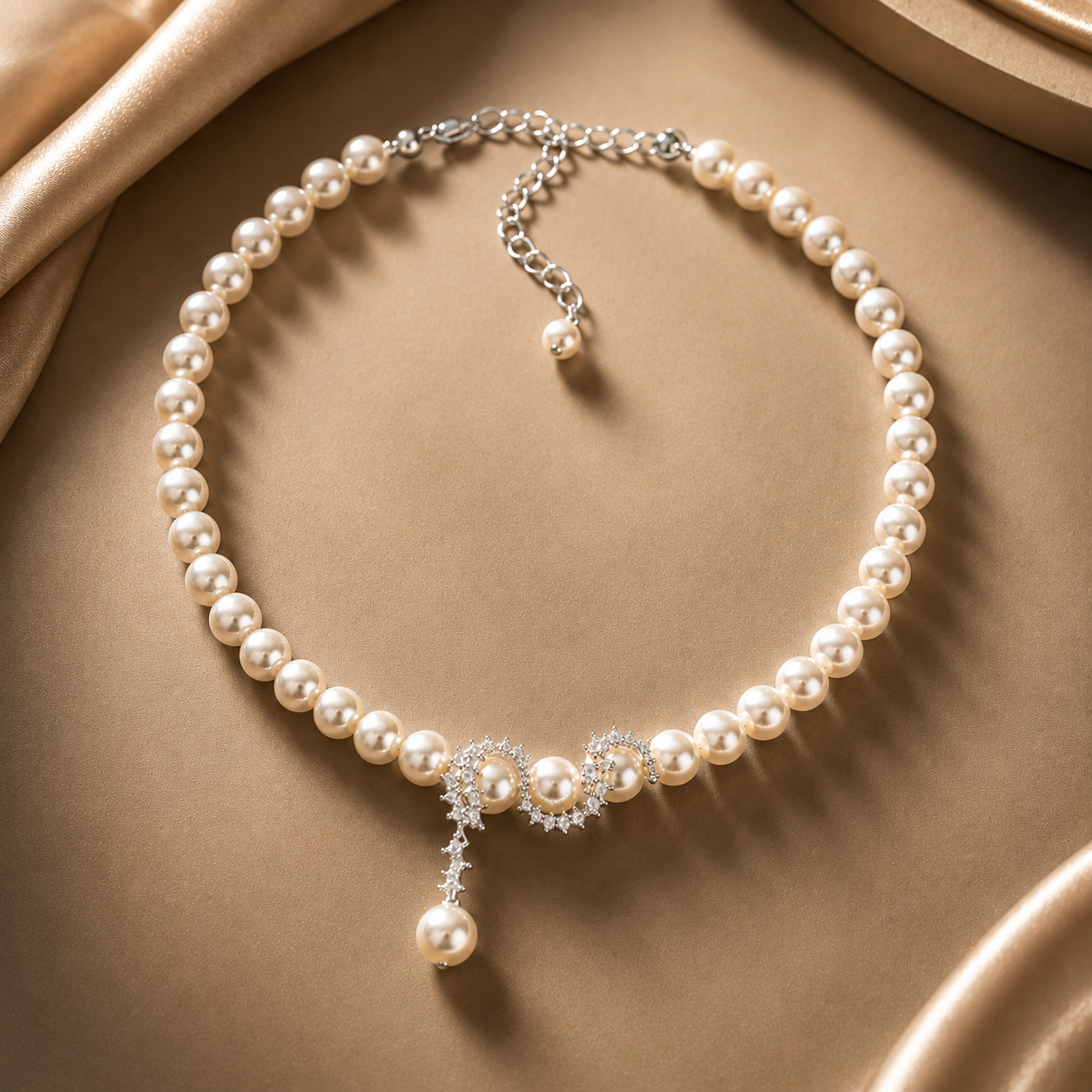 Aurora Pearl Statement Necklace with luminous pearl beads and sparkling zircon pendant
