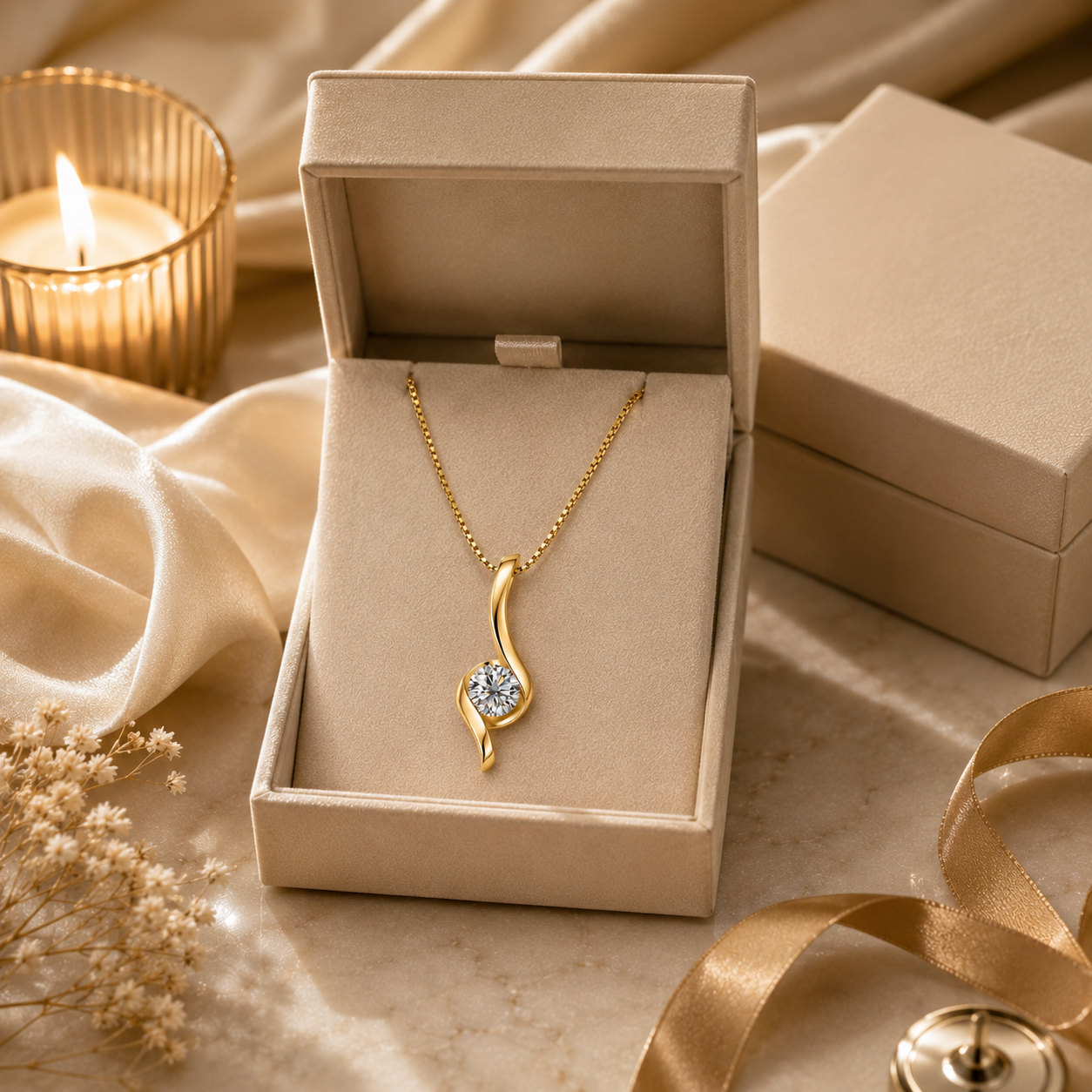 Celeste Moissanite Pendant Necklace presented in premium gift box packaging