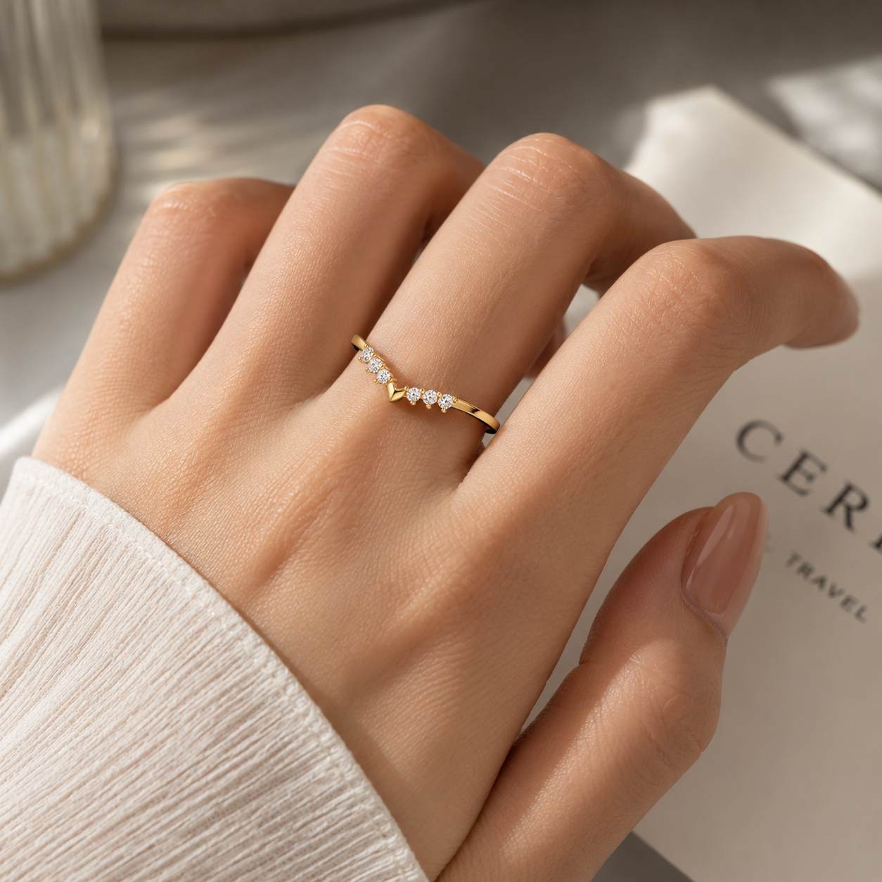 Woman wearing Valentina V-Heart Sterling Ring with elegant V shape design