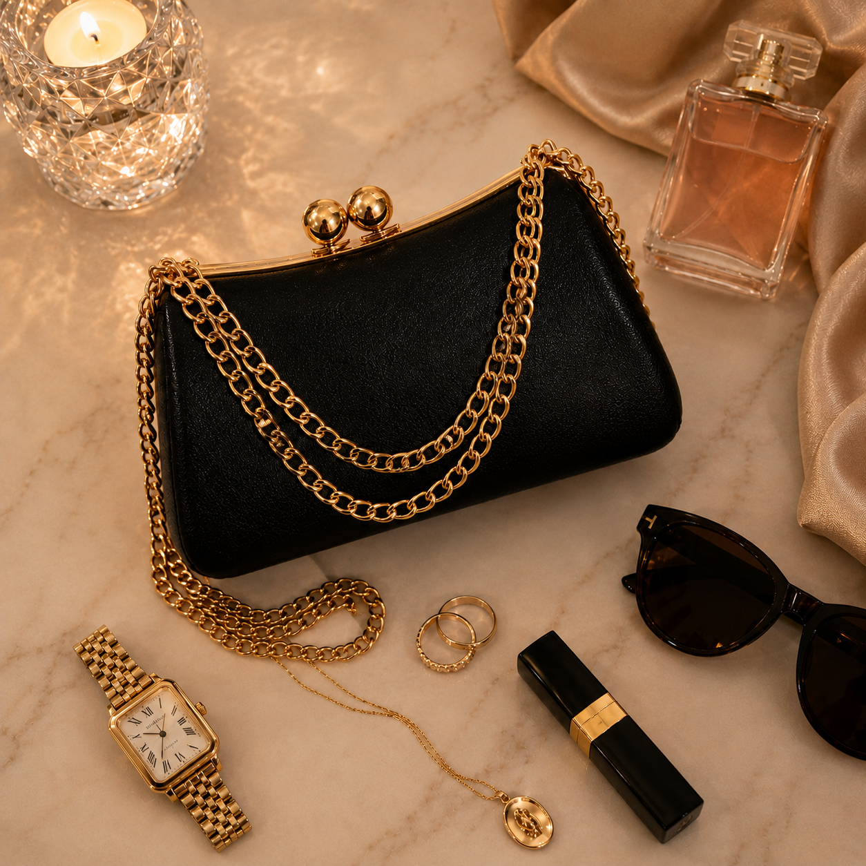 Celeste Chain Clutch with gold chain hardware and premium evening bag design