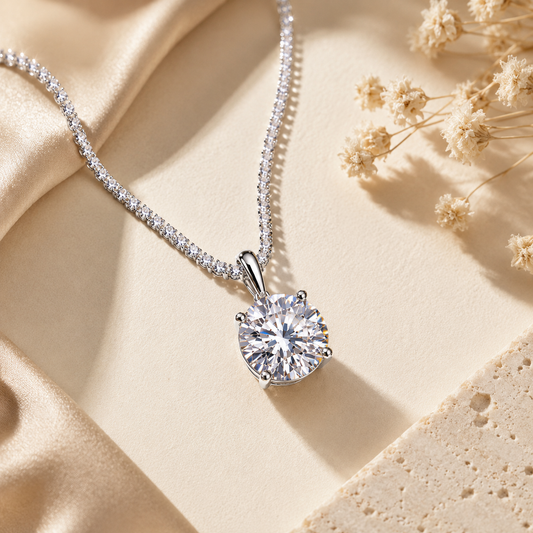 Celeste Solitaire Moissanite Necklace with round cut moissanite pendant in sterling silver