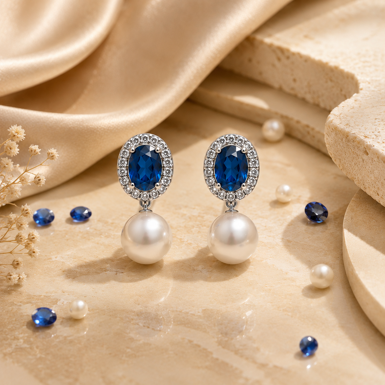 Azure Pearl Drop Earrings with sapphire inspired blue stones and pearl drops
